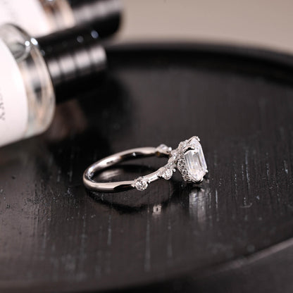 Solid Gold Hidden Halo Emerald Cut Moissanite Engagement Ring, Proposal Ring, Promise Ring, Wedding Ring, Anniversary Gift for Women Wife