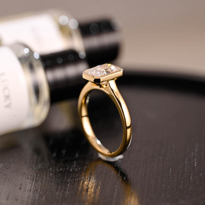 Solid Gold Bezel Crushed Ice Radiant Cut Moissanite Engagement Ring, Solitaire Cathedral Setting