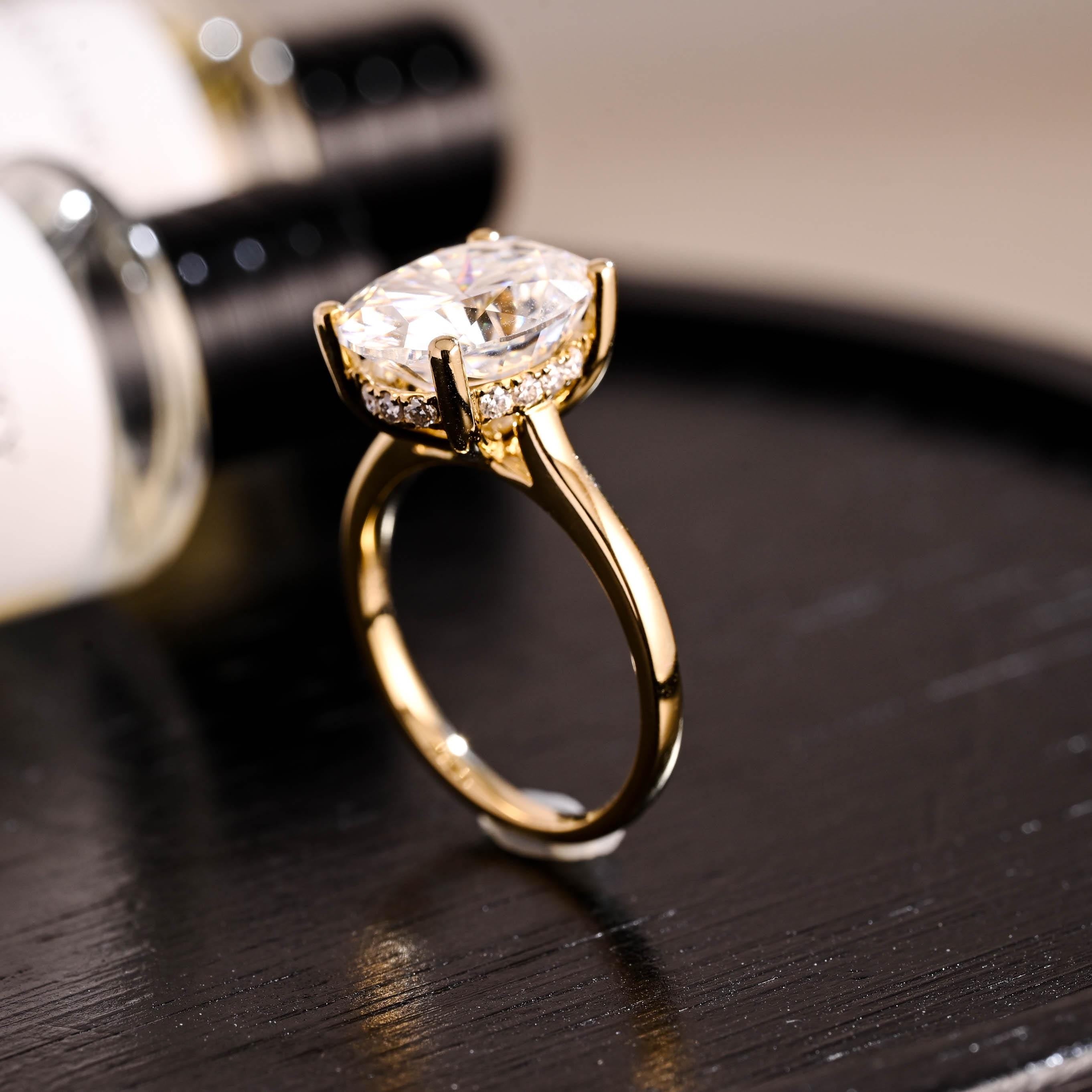 Solid Gold Oval Cut Moissanite Engagement Ring, Hidden Halo Wedding Ring, Cathedral Setting