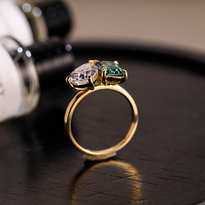 Solid Gold Toi et Moi Ring, Pear Cut & Emerald Cut Green Moissanite Engagement Ring, Two Stone Ring