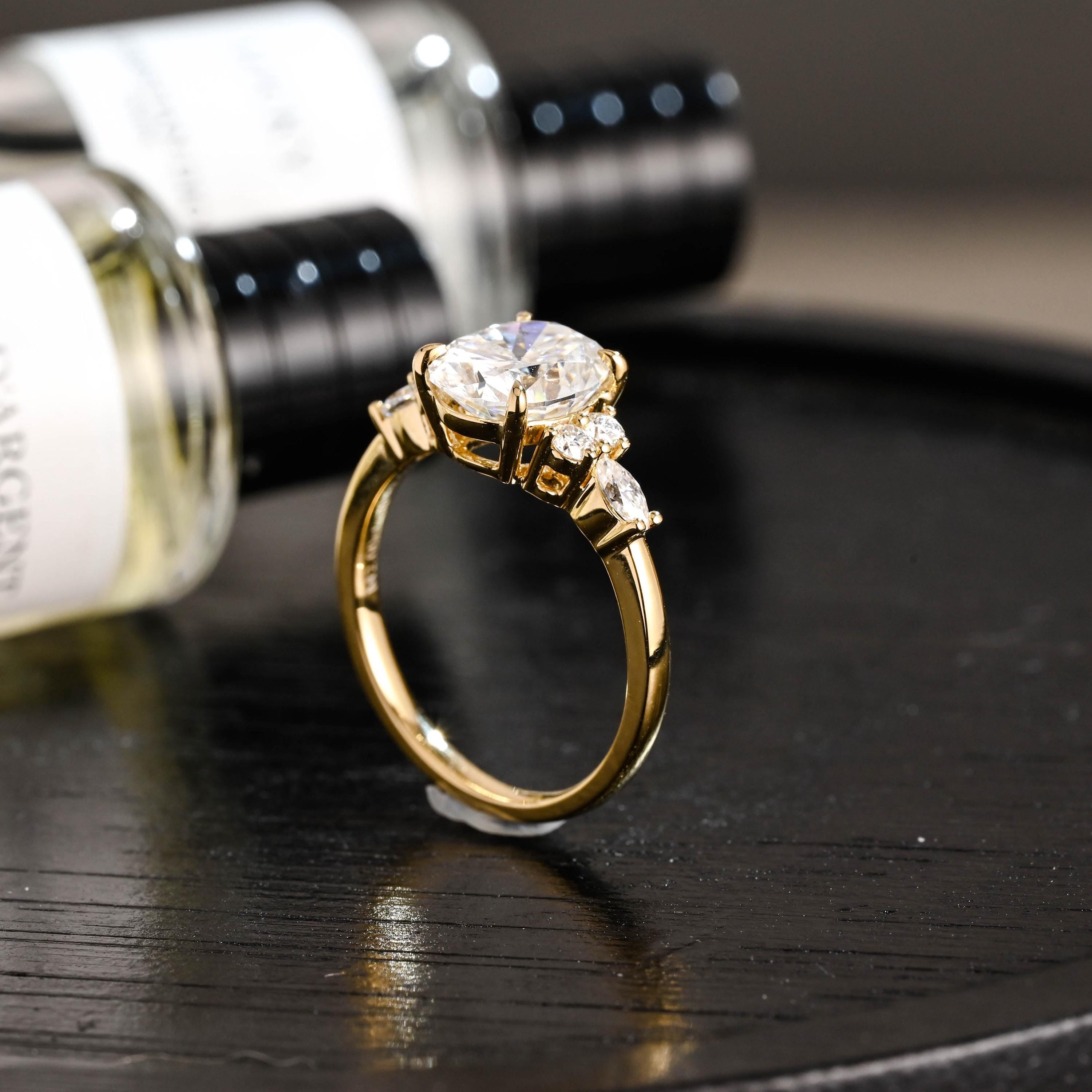 Solid Gold Oval Cut Moissanite Engagement Ring, Anniversary Gift for Women