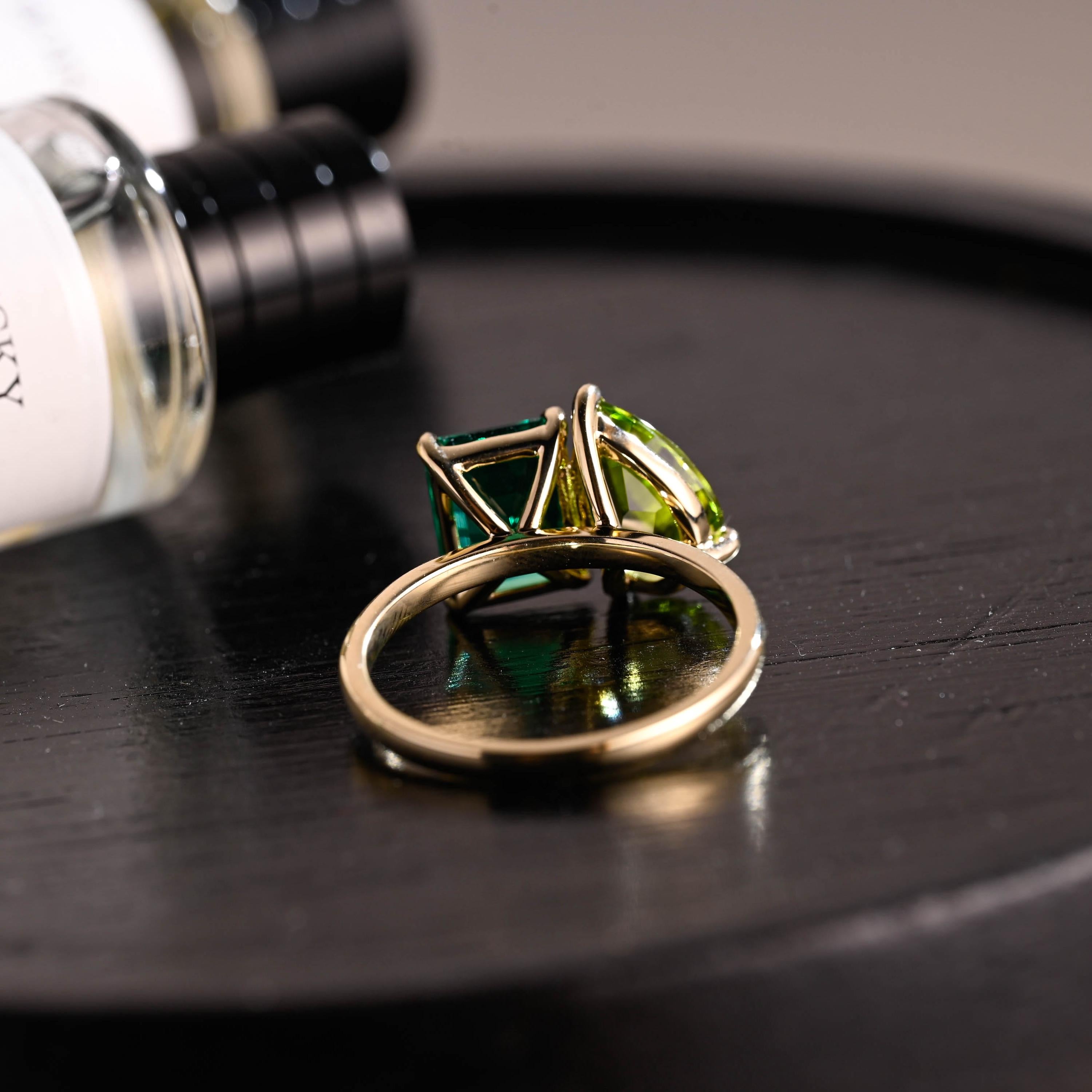 Solid Gold Toi et Moi Ring, Pear Cut Peridot & Lab Grown Emerald Engagement Ring