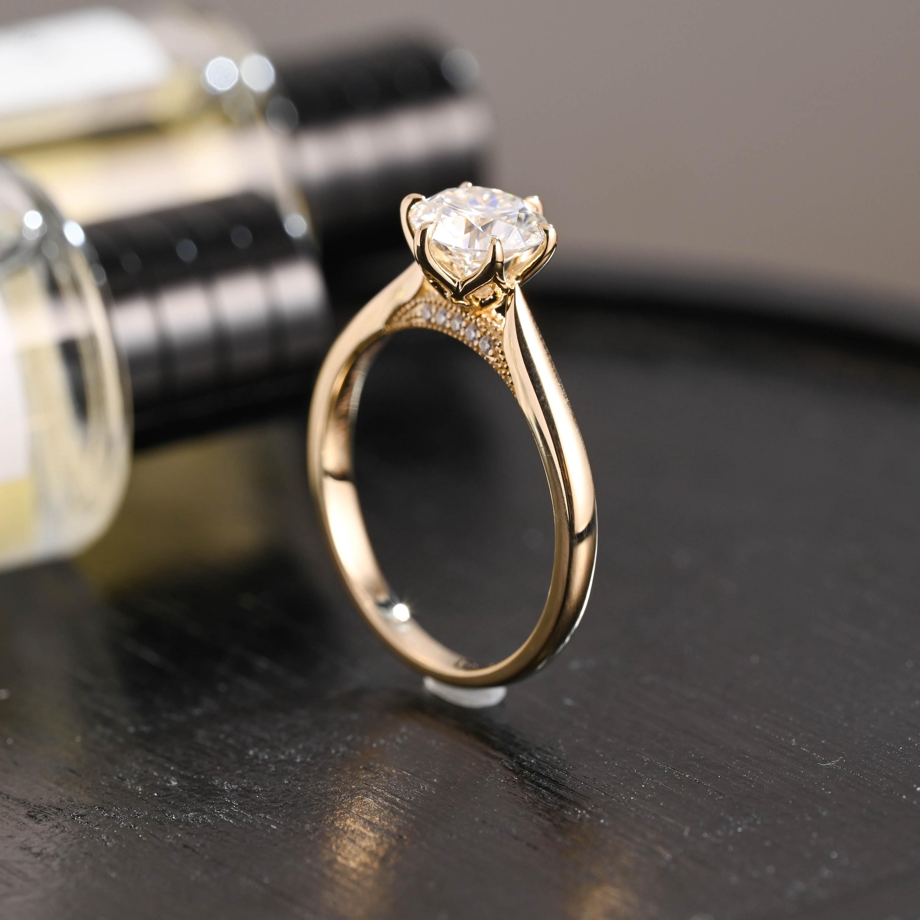 Tulip Solid Gold Round Cut Moissanite Engagement Ring, Bridge Accented with stones Proposal Ring