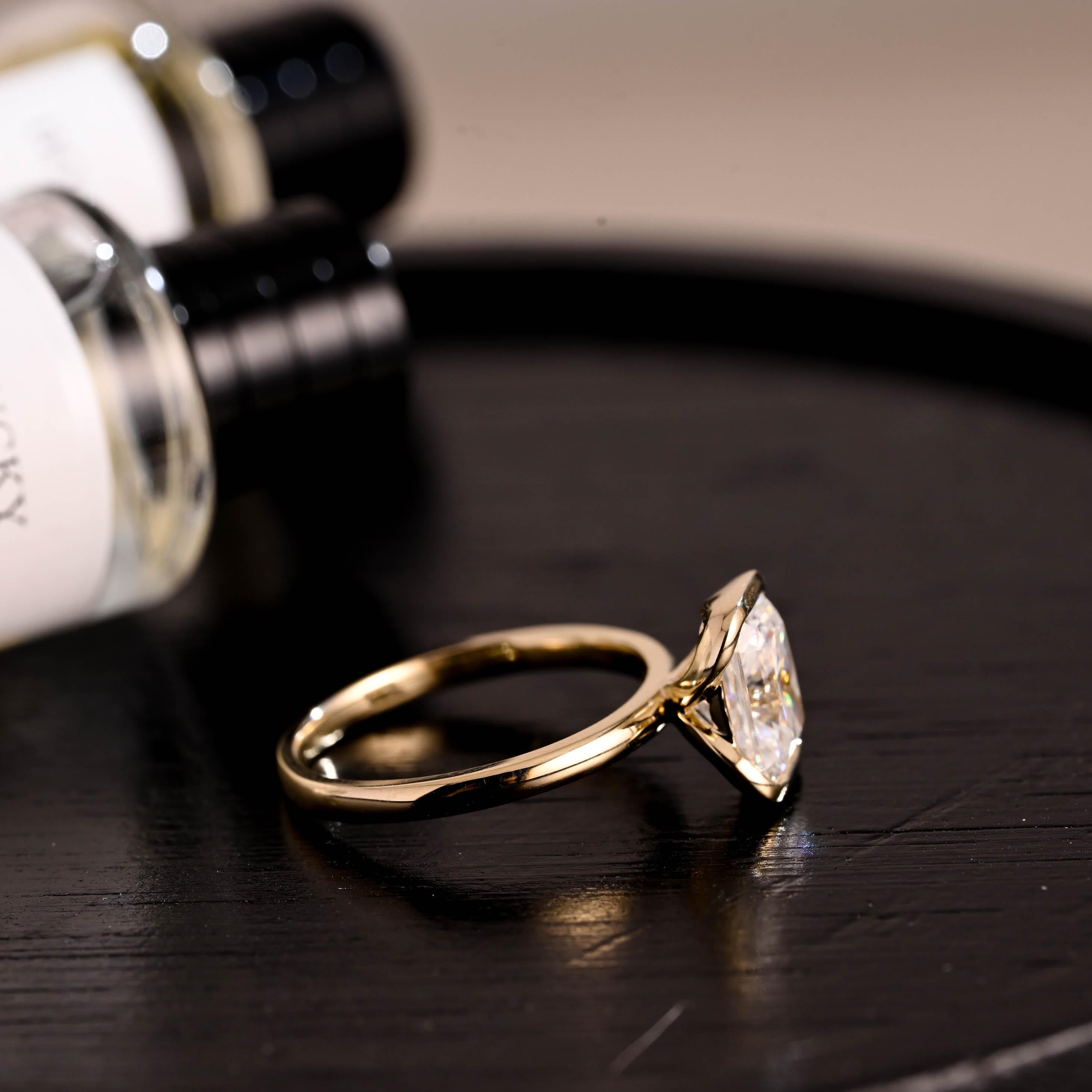 Solid Gold Half Bezel Radiant Cut Moissanite Engagement Ring, Solitaire Ring