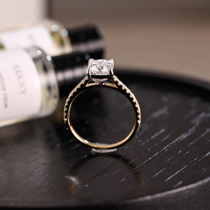 Solid Gold Two Tone Cushion Moissanite Engagement Ring, Proposal Ring, Half Eternity Promise Ring, Wedding Ring, Anniversary Gift for Women