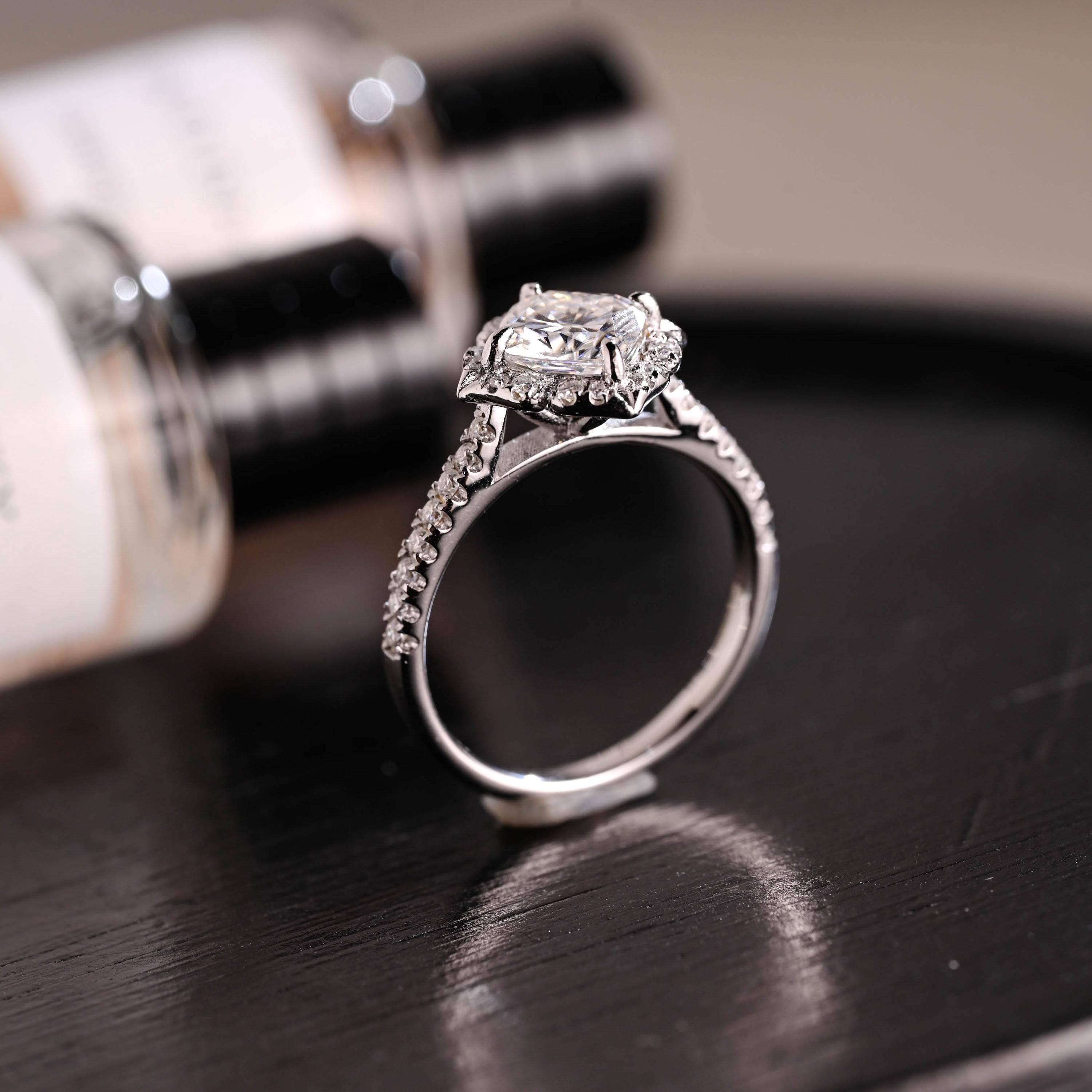 Solid Gold Cushion Cut Moissanite Engagement Ring, Halo Proposal Ring, Half Eternity Promise Ring, Wedding Ring, Anniversary Gift for Women