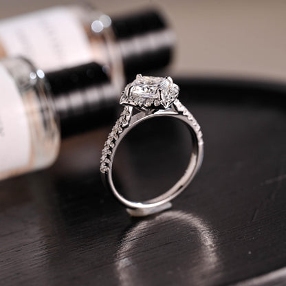 Solid Gold Cushion Cut Moissanite Engagement Ring, Halo Proposal Ring, Half Eternity Promise Ring, Wedding Ring, Anniversary Gift for Women