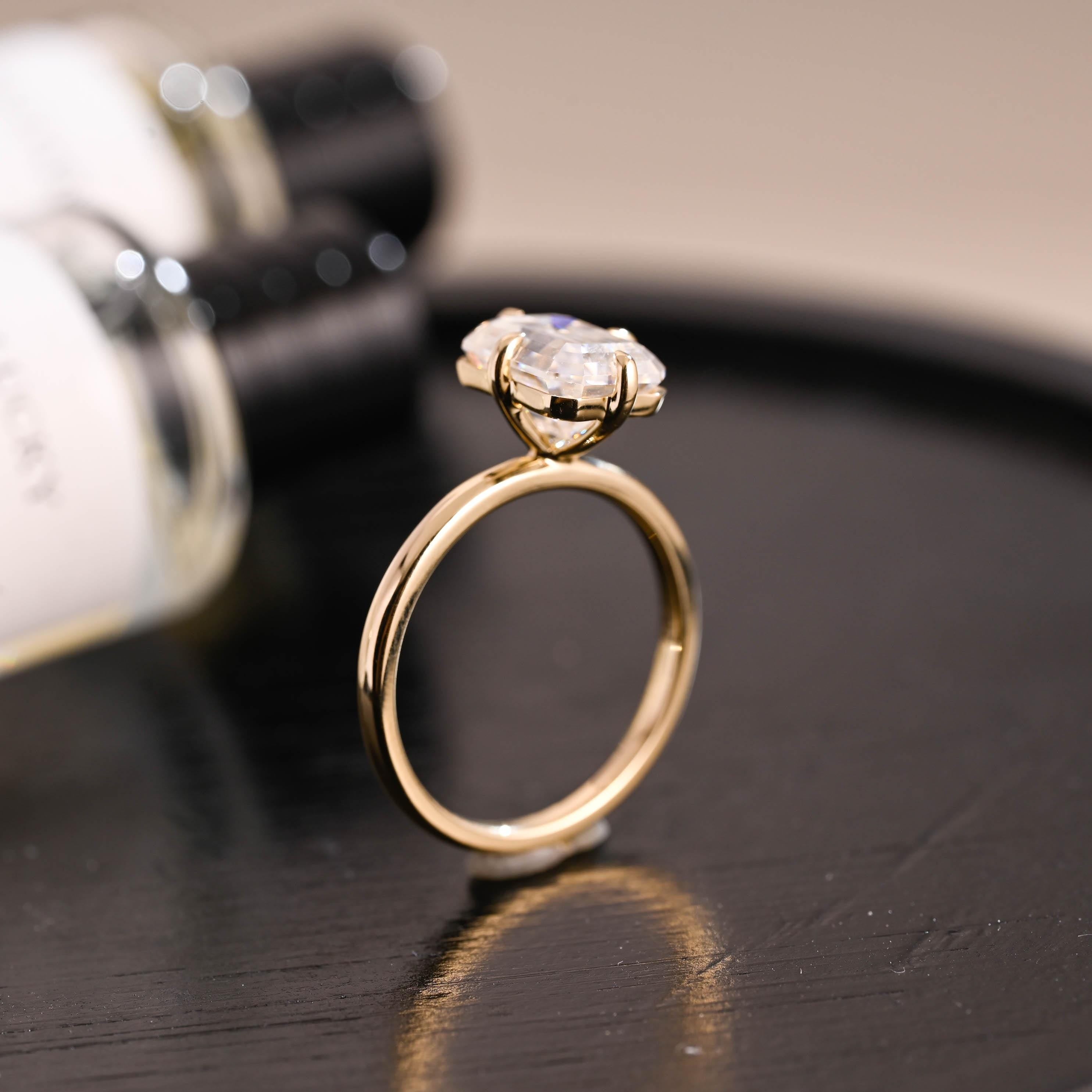 Solid Gold Compass Set Solitaire Emerald Cut Moissanite Engagement Ring, Anniversary Ring
