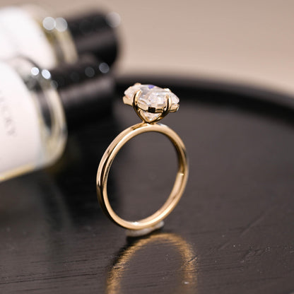 Solid Gold Compass Set Solitaire Emerald Cut Moissanite Engagement Ring, Anniversary Ring