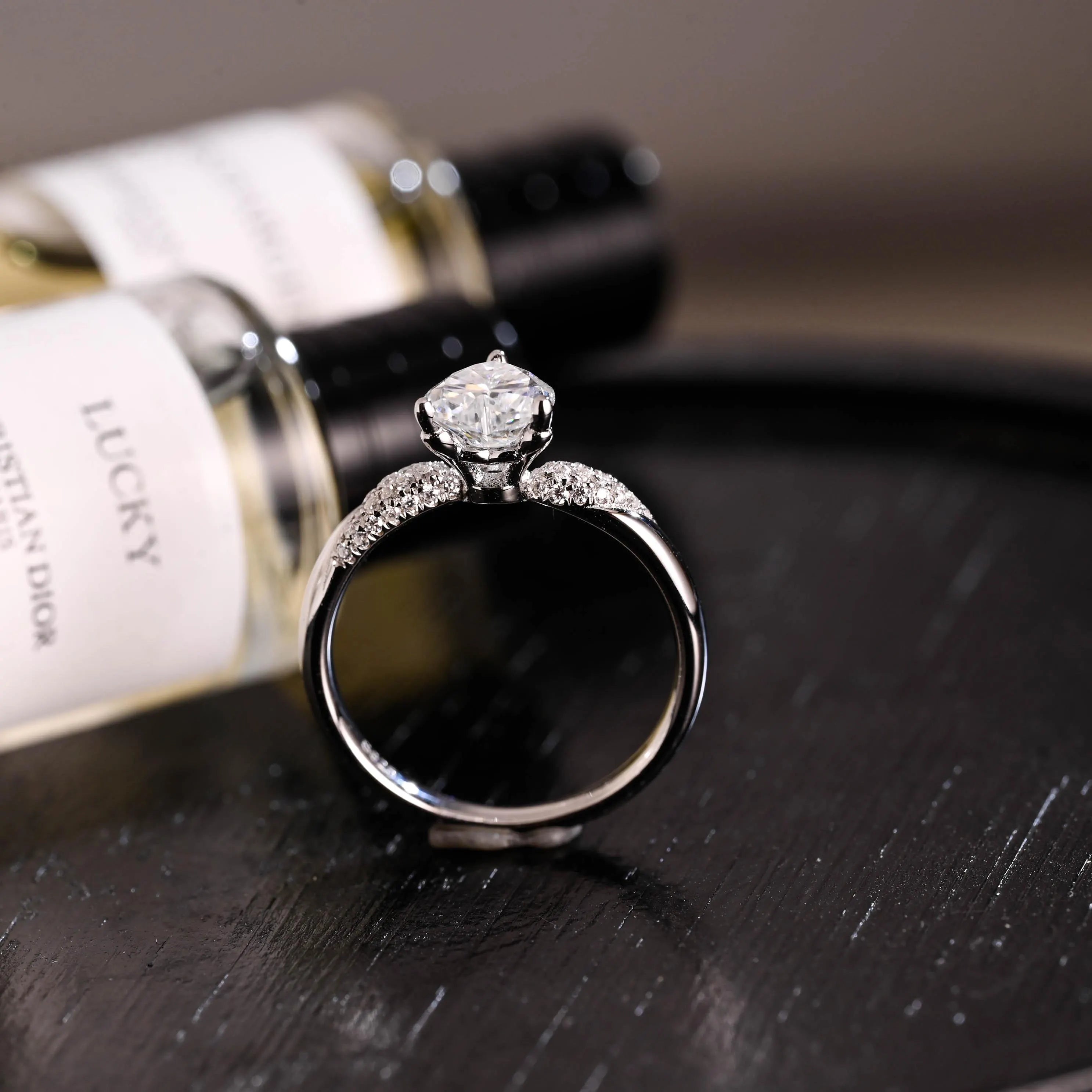 Solid Gold Heart Cut Moissanite Engagement Ring, Pave BandWedding Ring