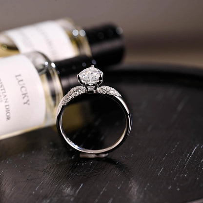 Solid Gold Heart Cut Moissanite Engagement Ring, Pave BandWedding Ring