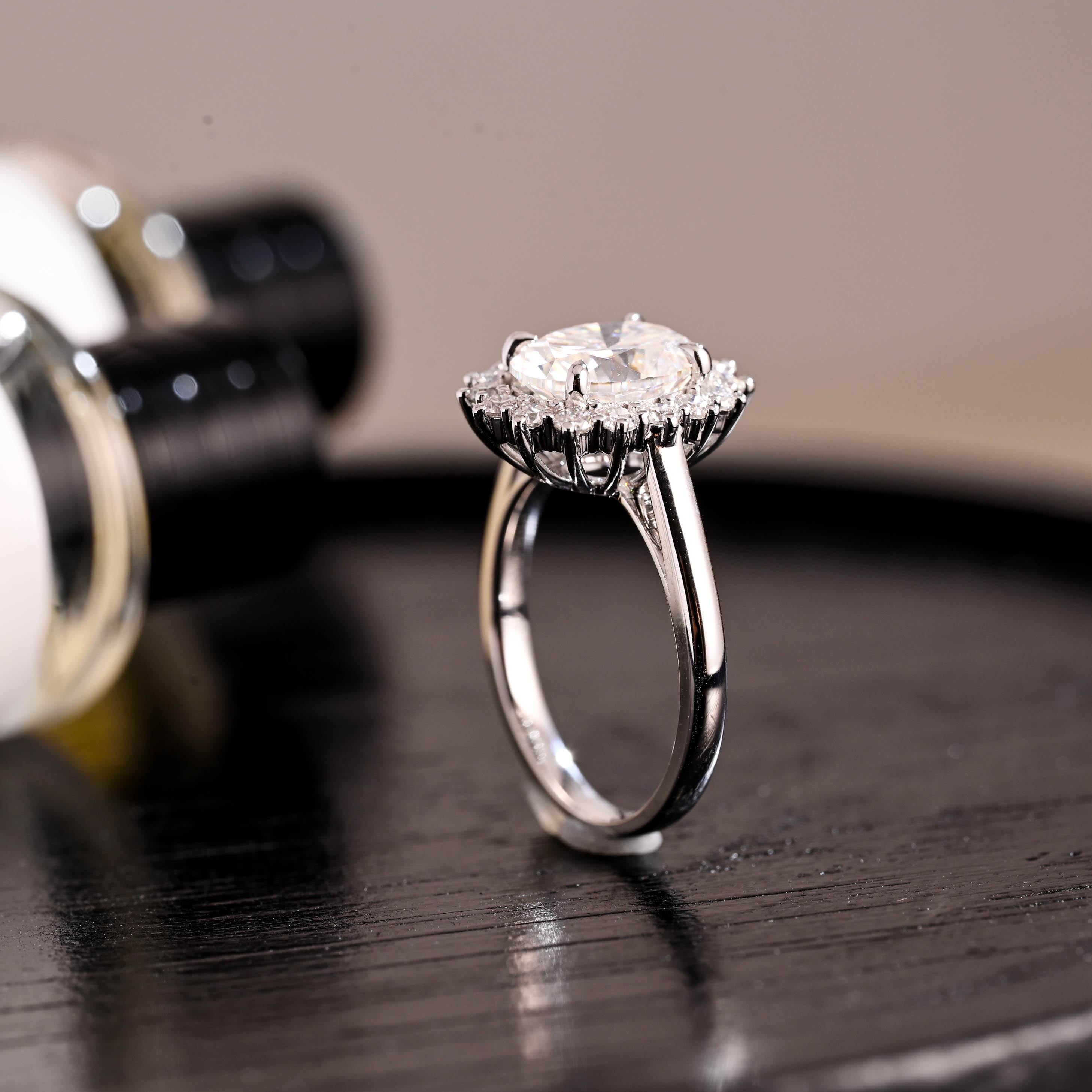 Solid Gold Starburst Oval Cut Moissanite Engagement Ring, Halo Wedding Ring