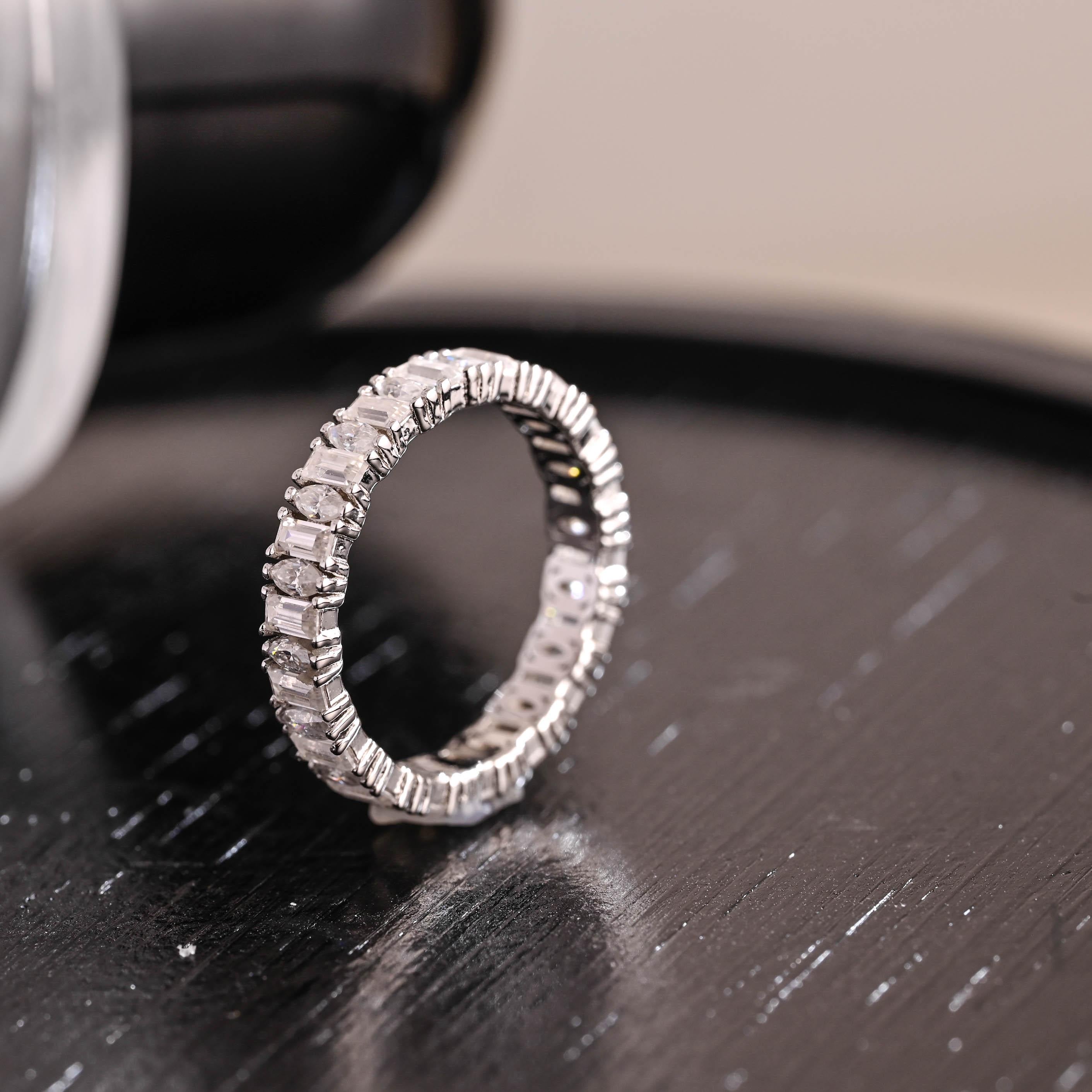 Solid Gold Baguette Marquise Moissanite Eternity Wedding Band