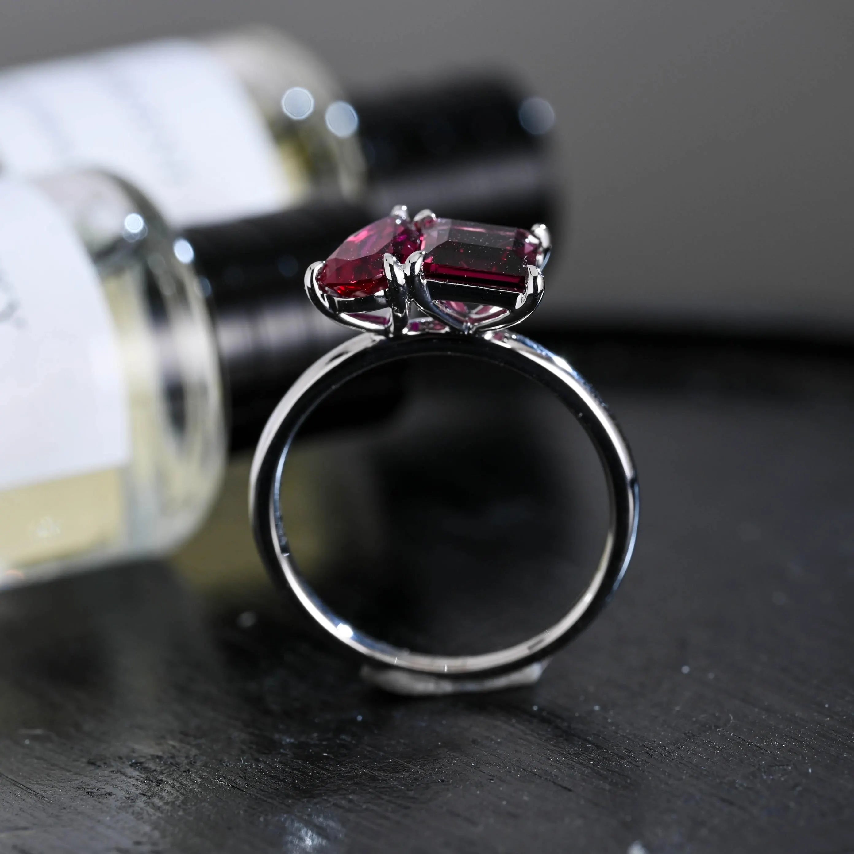 Solid Gold Toi et Moi Princess Garnet & Pear Ruby Engagement Ring, Two Stone Promise Ring