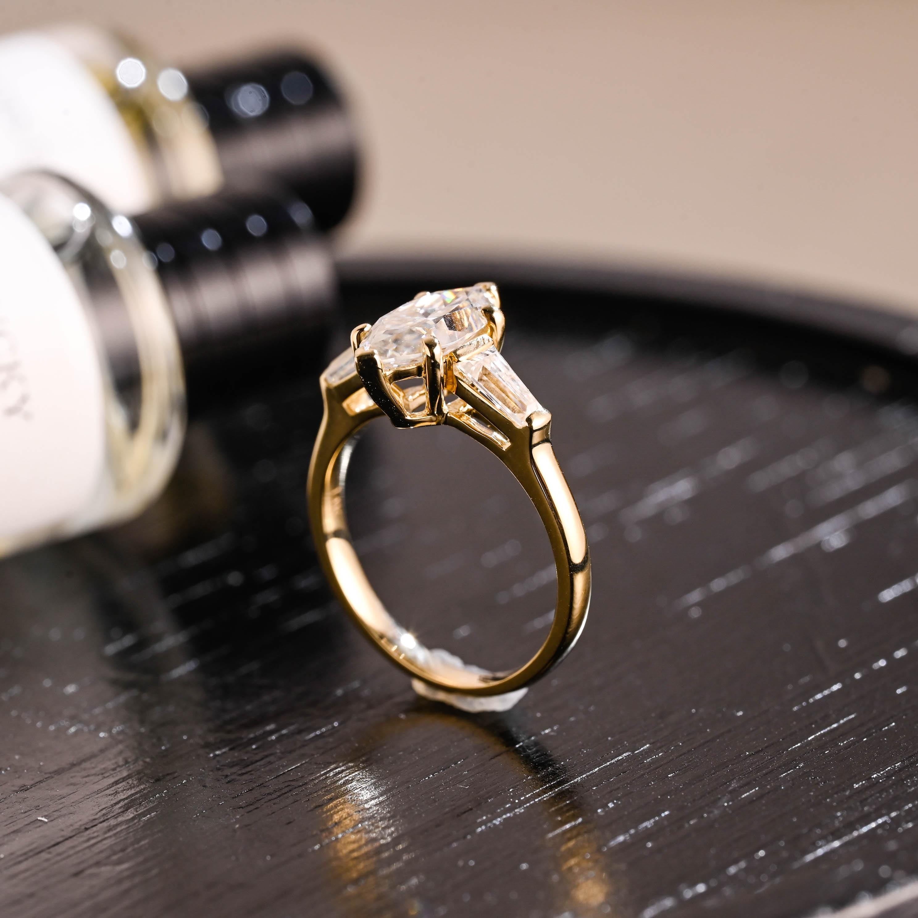 Solid Gold Marquise Moissanite Three Stone Engagement Ring, Anniversary Ring