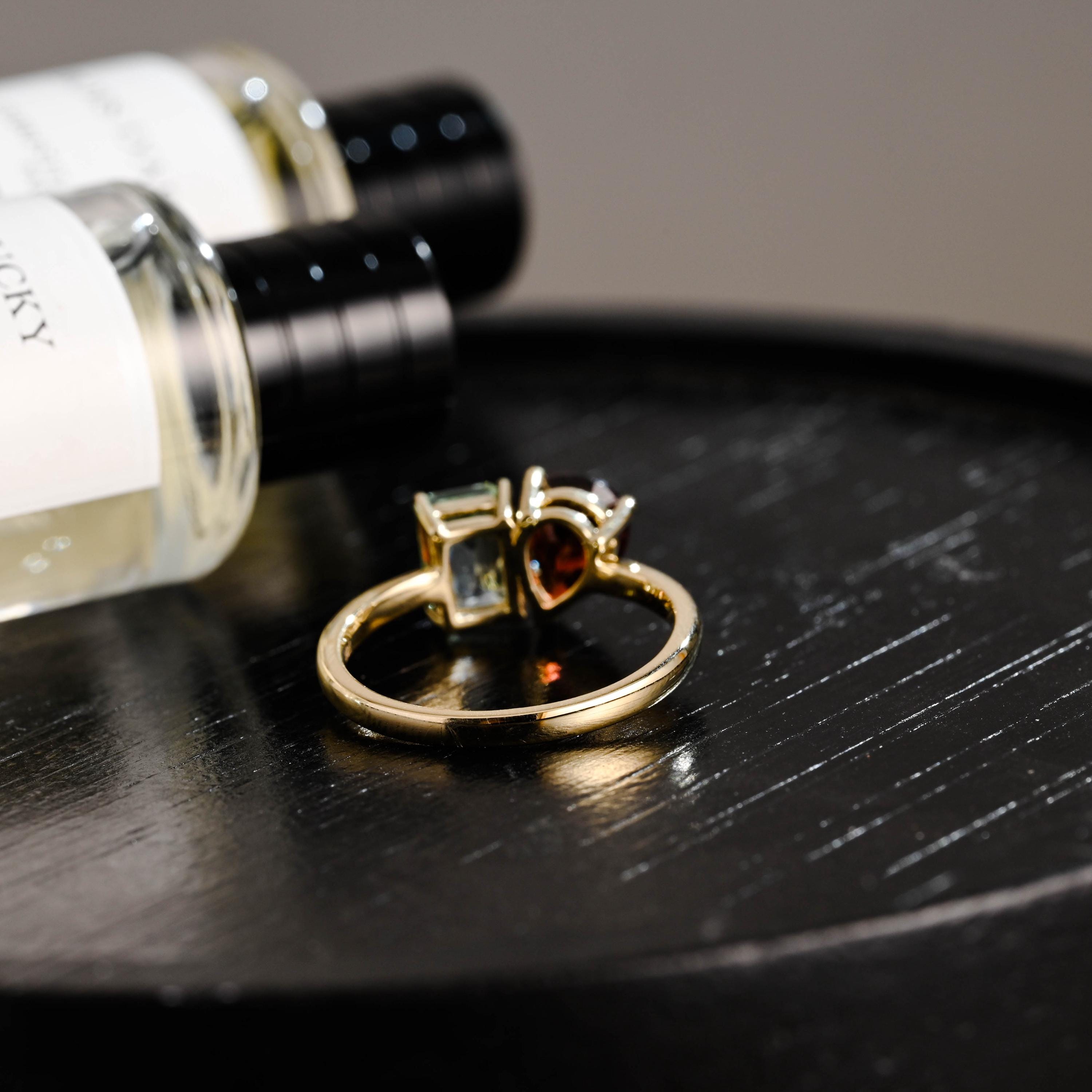 Toi et Moi Solid Gold Pear Garnet & Emerald Cut Aquamarine-Sapphire Engagement Ring