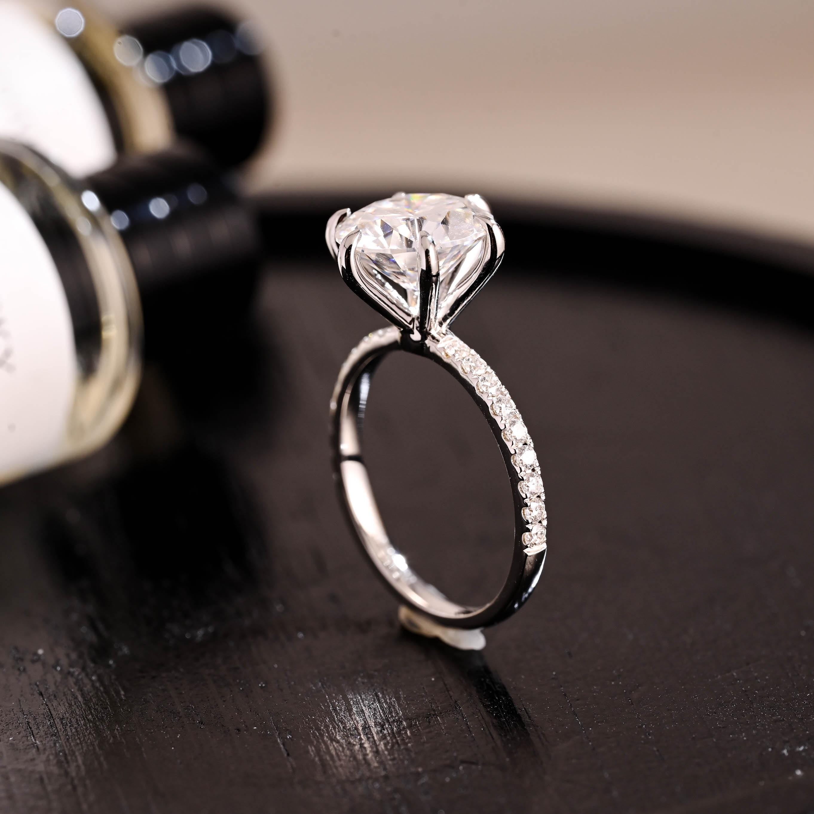 Half Pave Round Cut Moissanite Engagement Ring, Solid Gold Alternative 6 Prongs Anniversary Ring