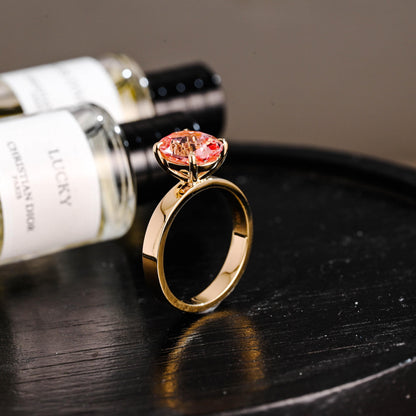 Solid Gold Oval Cut Solitaire Lab Grown Pink Sapphire Engagement Ring, 3mm Wide Proposal Ring