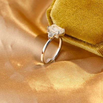 Three Stone Emerald Cut Moissanite Engagement Ring, Solid Gold Emerald Cut Moissanite Wedding Ring, Anniversary Ring, Moissanite Gifts