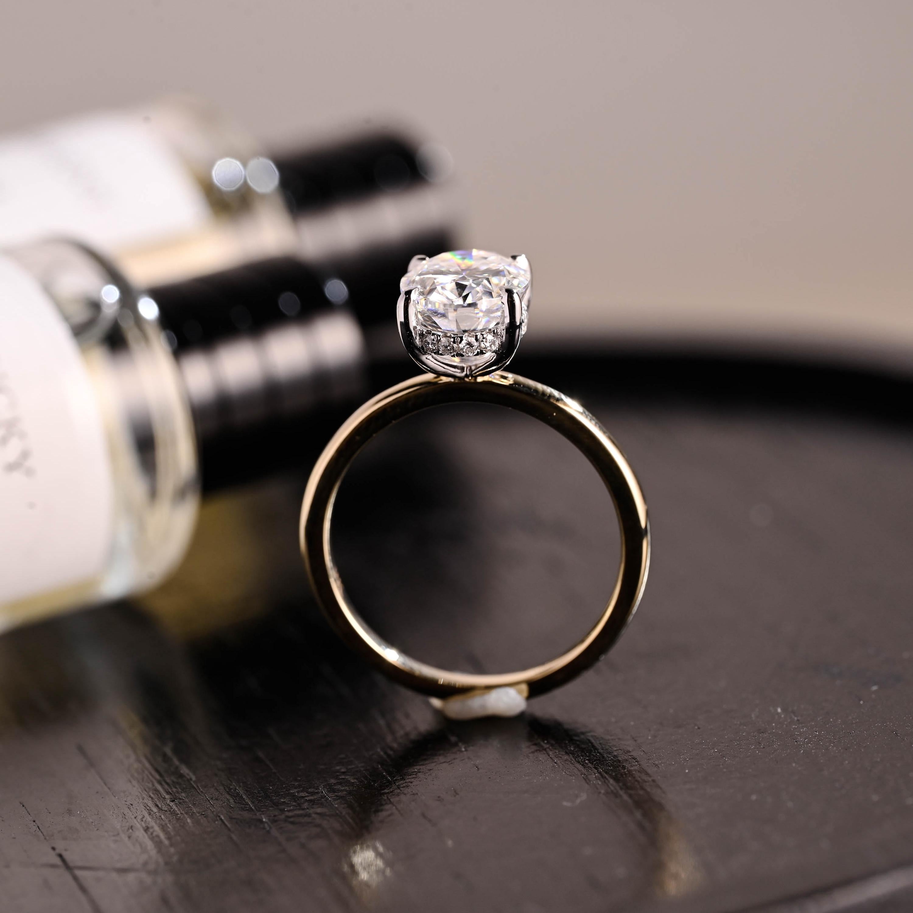 Solid Gold Two Tone Oval Cut Moissanite Engagement Ring, Hidden Halo Wedding Ring