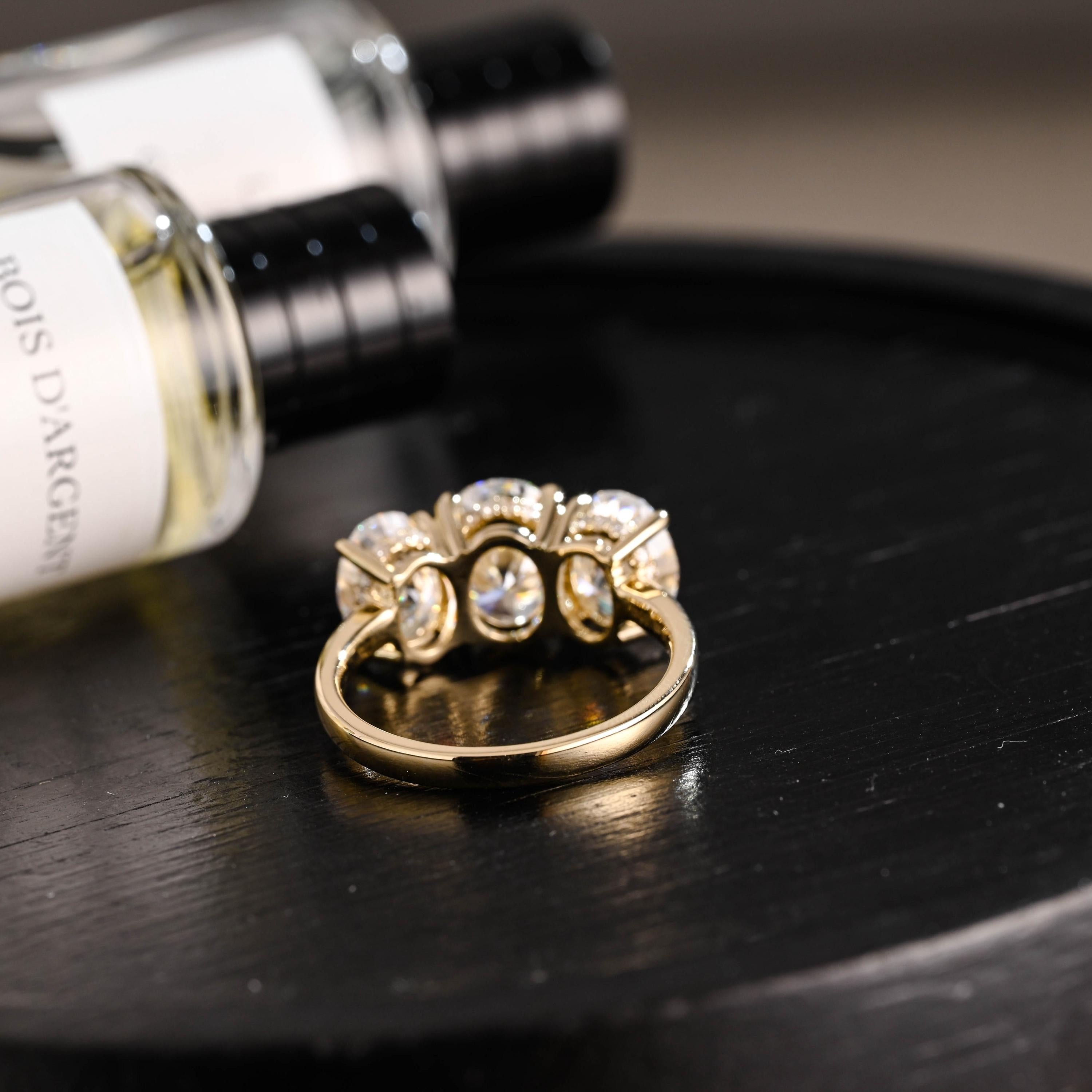 Solid Gold Hidden Halo Three Stone Oval Cut Moissanite Engagement Ring