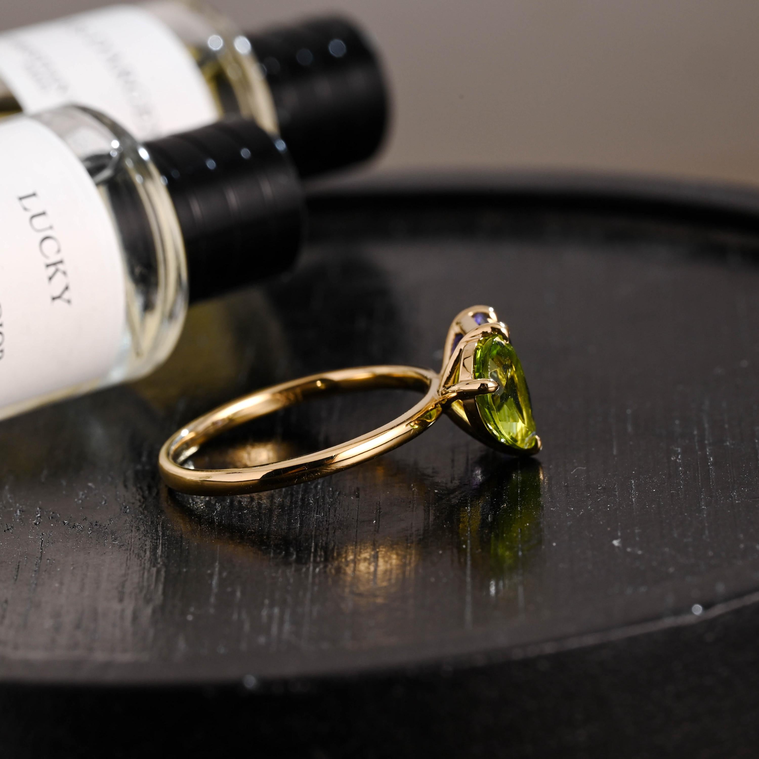 Solid Gold Toi et Moi Emerald Cut Lab Grown Sapphire & Pear Peridot Engagement Ring
