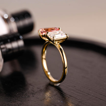 Solid Gold Pear Cut Lab Grown Pink Sapphire Toi et Moi Ring, Memorial Two Stone Engagement Ring