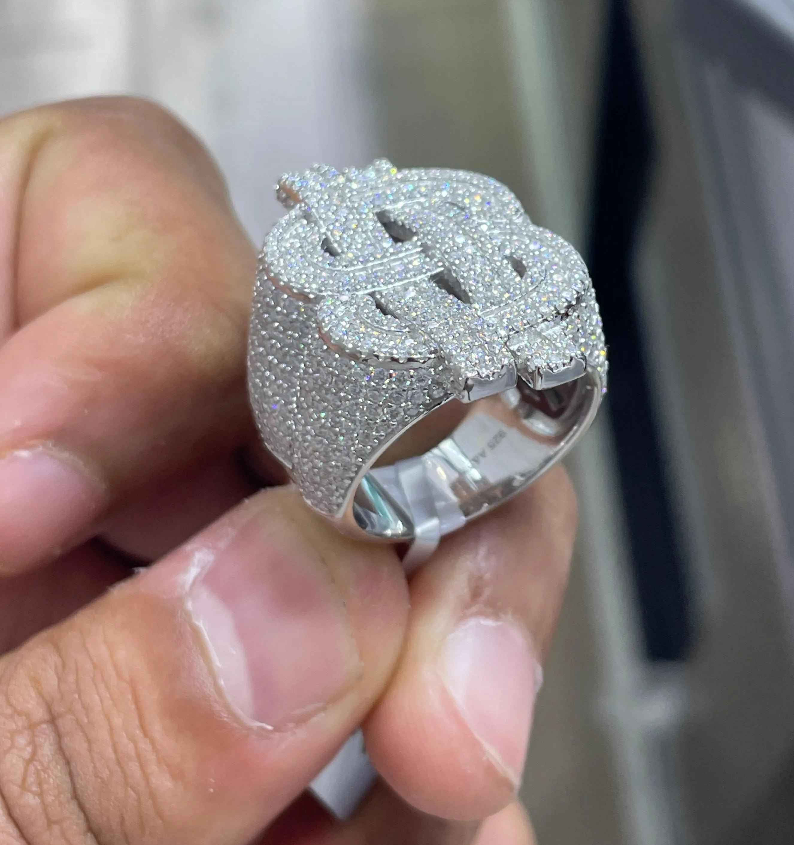 Iced Out Moissanite Dollar Sign Ring: Hip Hop 925 Sterling Silver