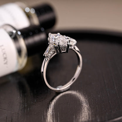 Hidden Halo Marquise Moissanite Solid Gold Engagement Ring, Three Stone Statement Ring