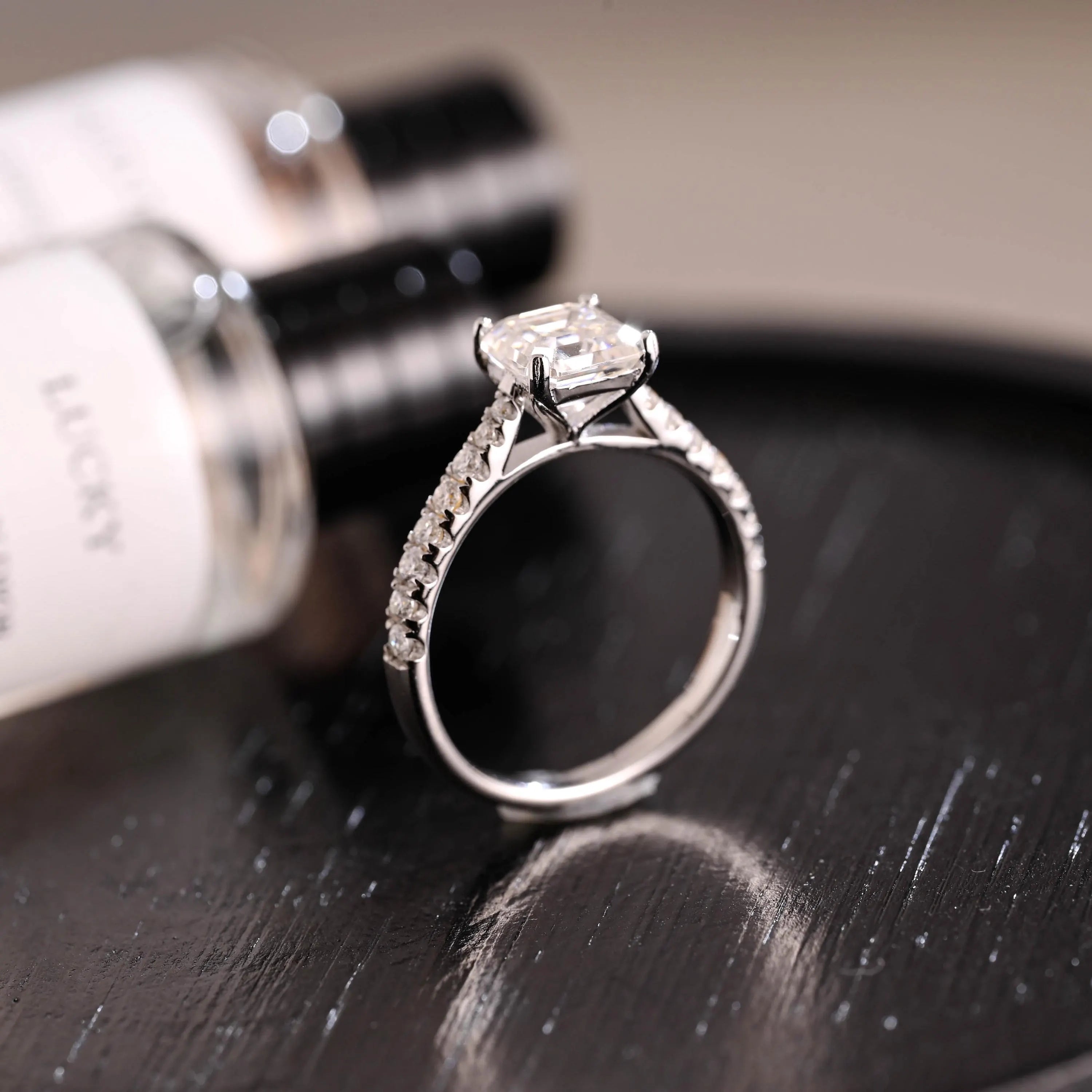 Solid Gold Half Eternity Asscher Cut Moissanite Engagement Ring, Anniversary Gift for Women Wife