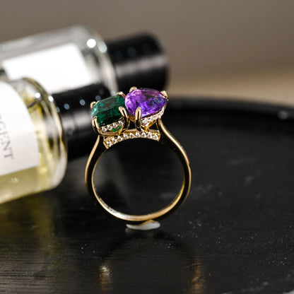 Solid Gold Toi et Moi Pear Amethyst & Lab Grown Emerald Engagement Ring