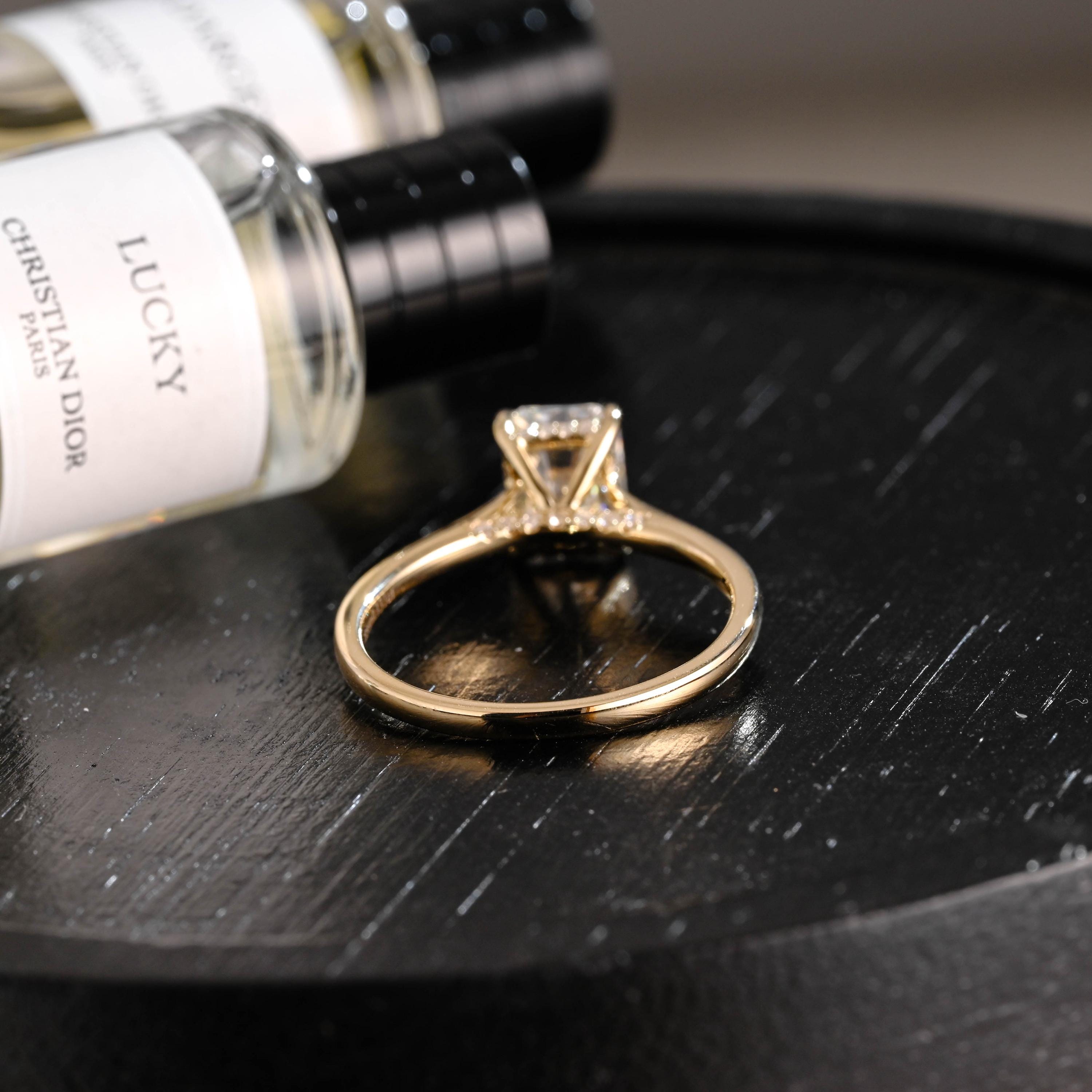 Solid Gold Hidden Halo Radiant Moissanite Engagement Ring, Cathedral Proposal Ring