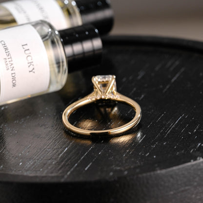 Solid Gold Hidden Halo Radiant Moissanite Engagement Ring, Cathedral Proposal Ring