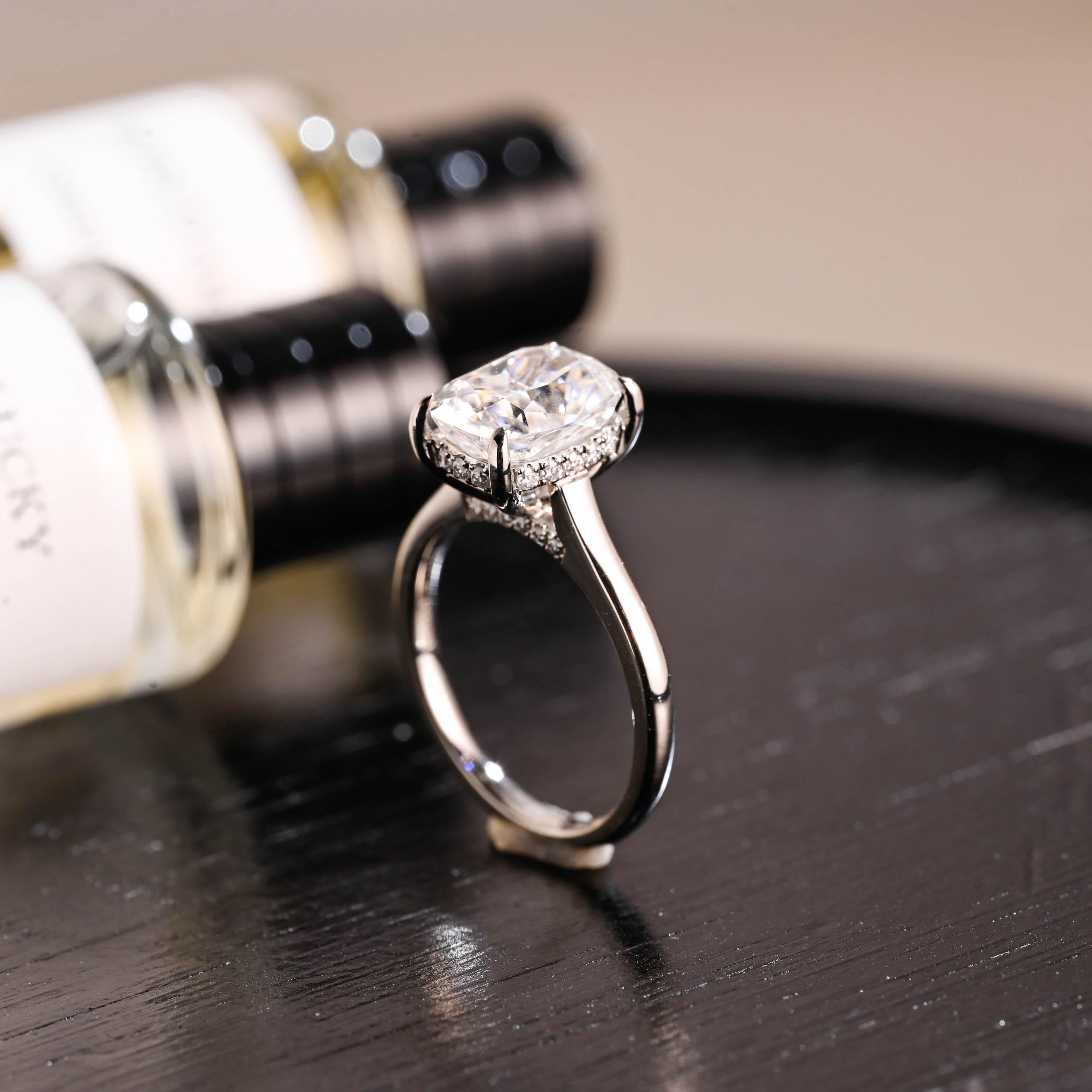 Crushed Ice Cut Elongated Cushion Cut Moissanite Engagement Ring, Solid Gold Cushion Wedding Ring, Hidden Halo Anniversary Moissanite Ring
