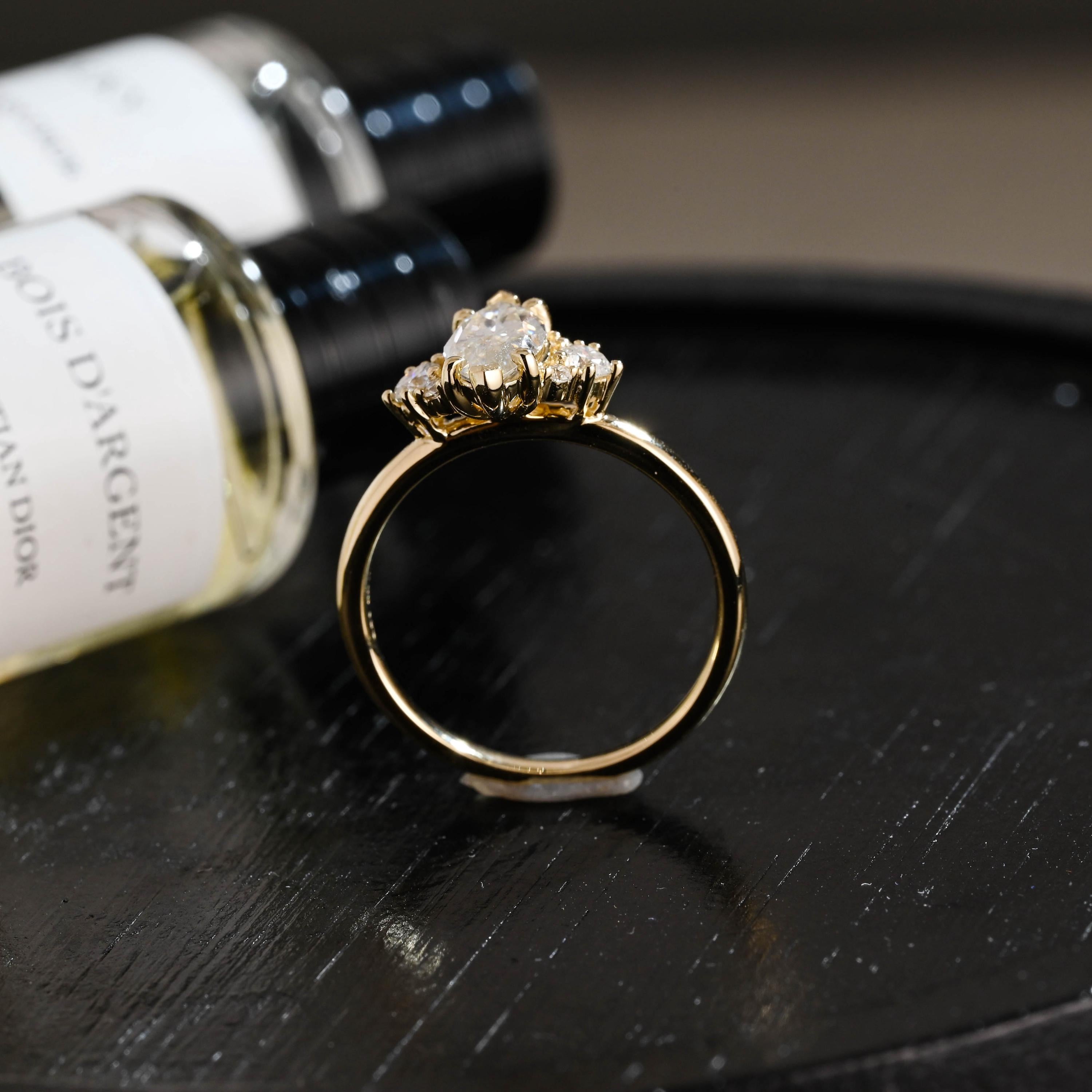 Solid Gold Marquise Moissanite Engagement Ring, Side Cluster Ring, Anniversary Gift