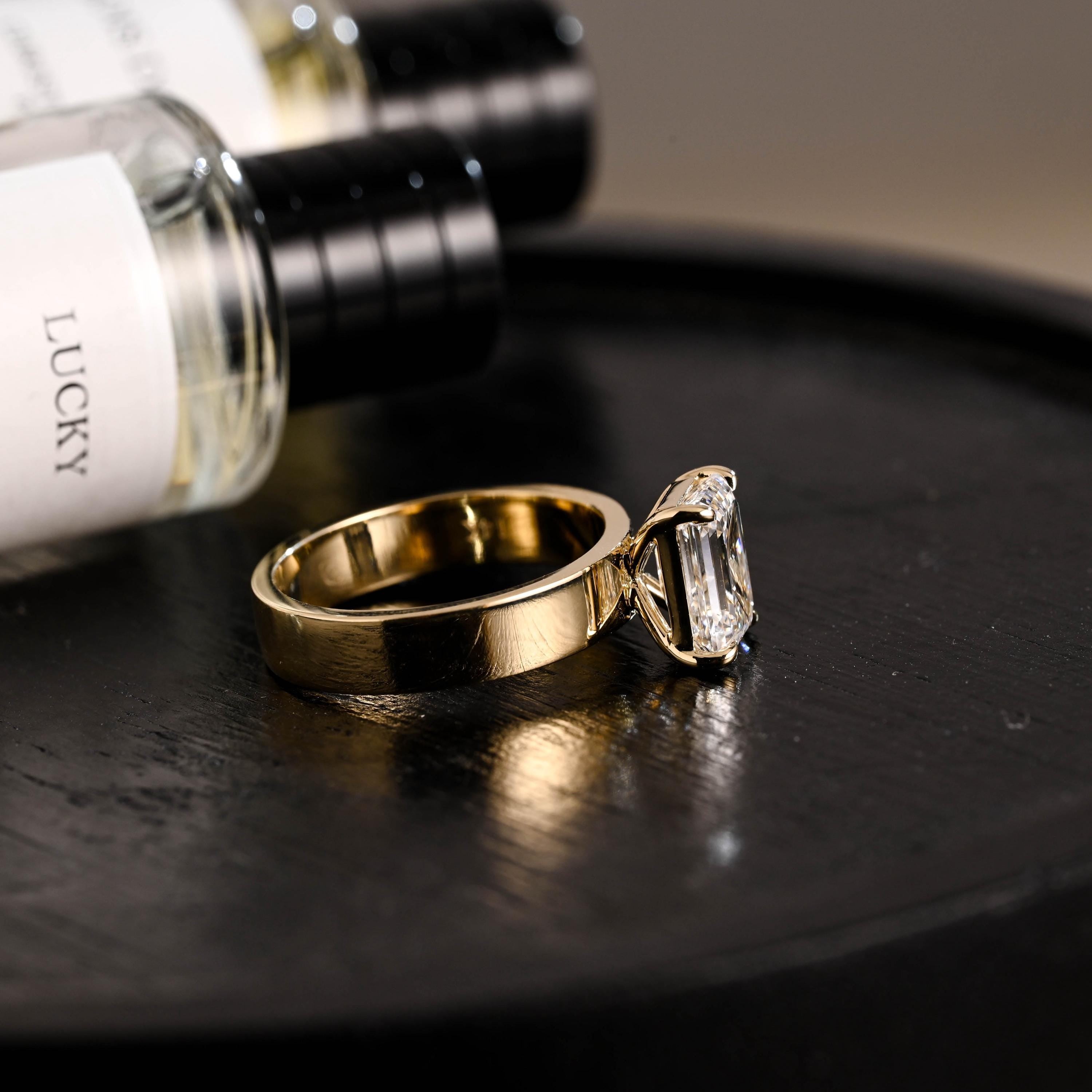 Solid Gold Emerald Cut Moissanite Engagement Ring, 4mm Wide Band Solitaire Ring, Gift for Her