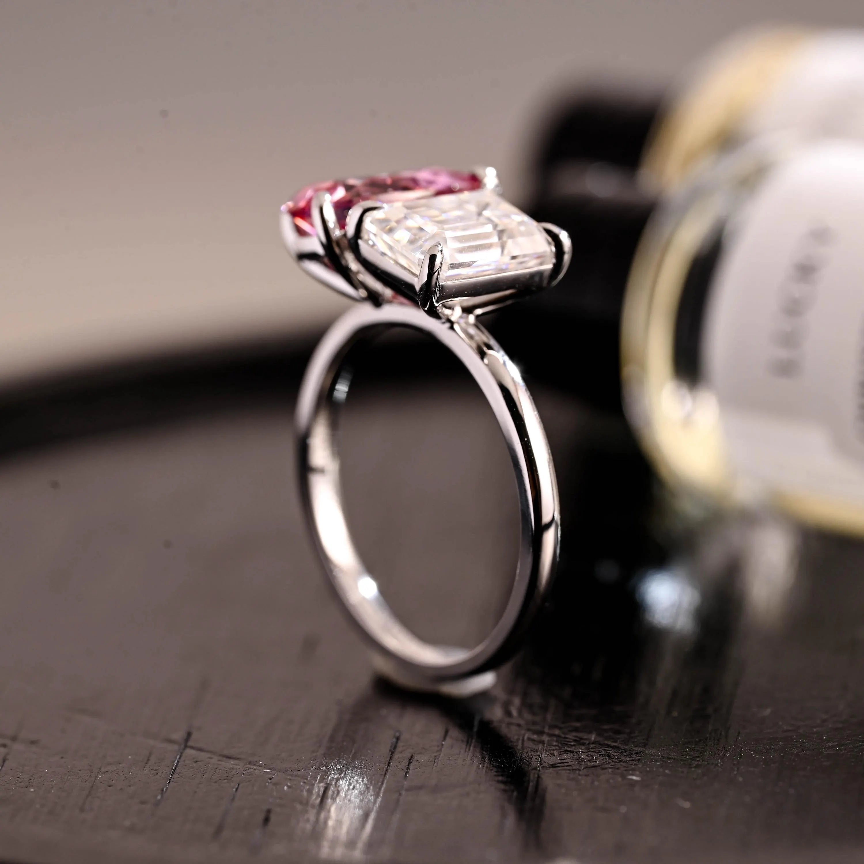 Moi et Toi Pink Moissanite Engagement Ring, Pear Cut Solid Gold Wedding Ring Birthstone Anniversary Ring