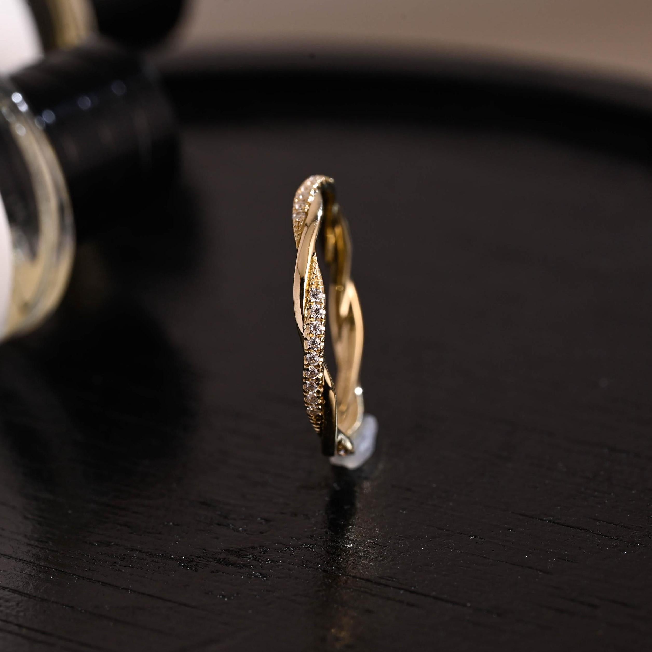 Twisted Moissanite Wedding Band, Solid Gold Eternity Ring, Stackable Anniversary
