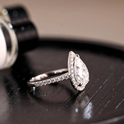 Vintage Style Pear Cut Moissanite Engagement Ring, Solid Gold Halo Pear Moissanite Wedding Ring