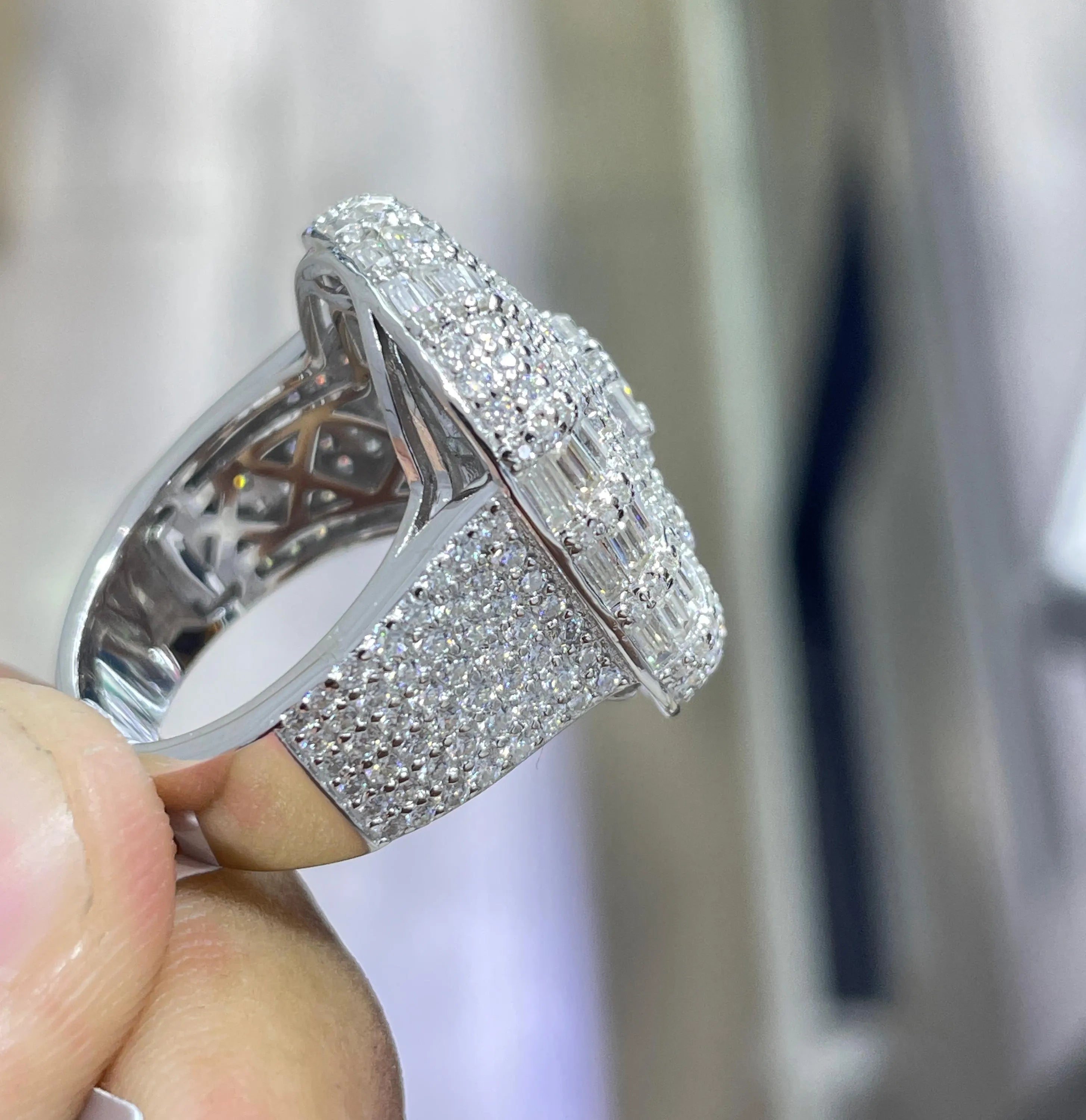 Iced Out Moissanite Ring: 925 Silver Hip Hop Bling, 7.52 Carat Baguette Round Moissanite Diamonds