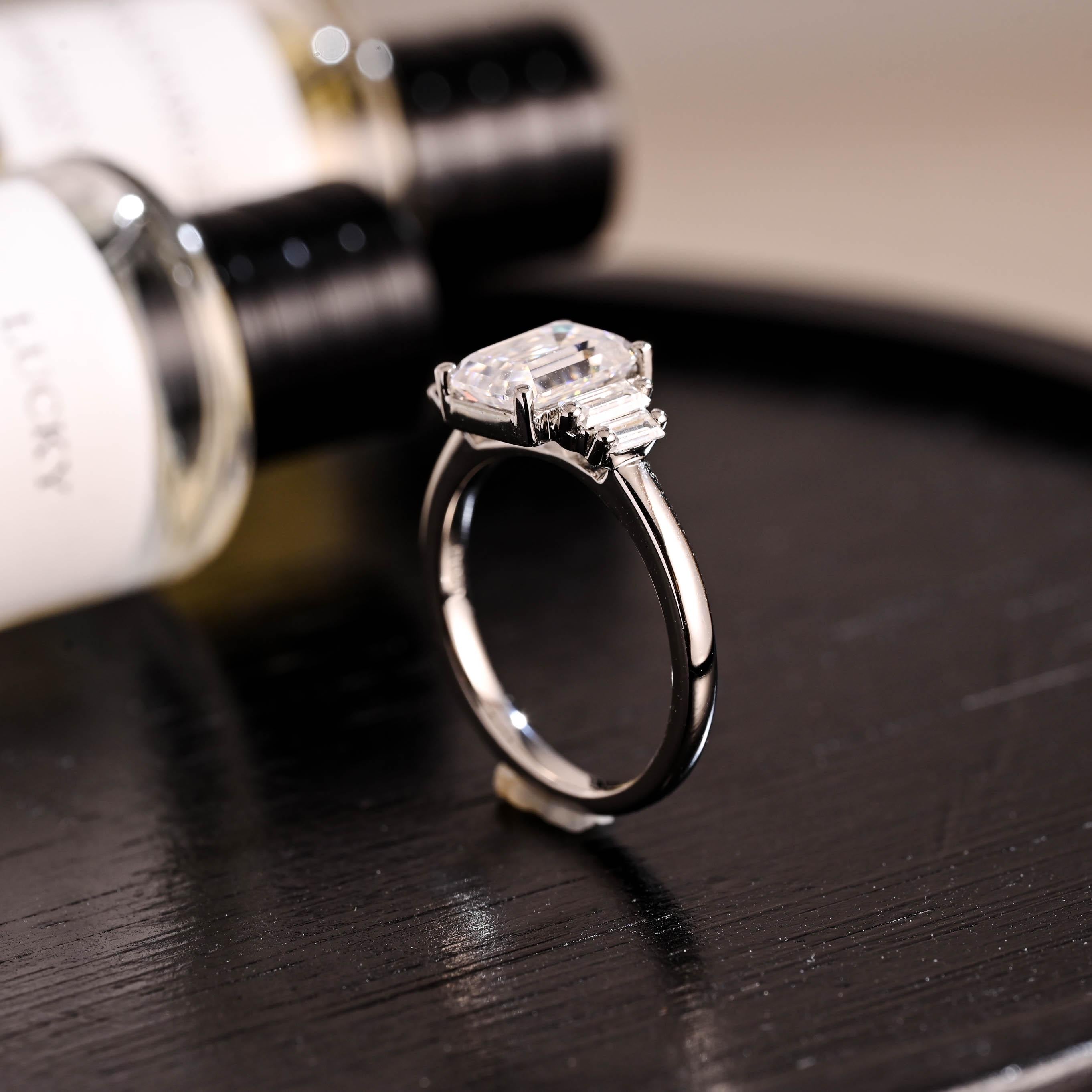 Side Stone Emerald Cut Moissanite Engagement Ring, Solid Gold Emerald Cut Moissanite Wedding Ring, Anniversary Ring, Moissanite Promise Ring