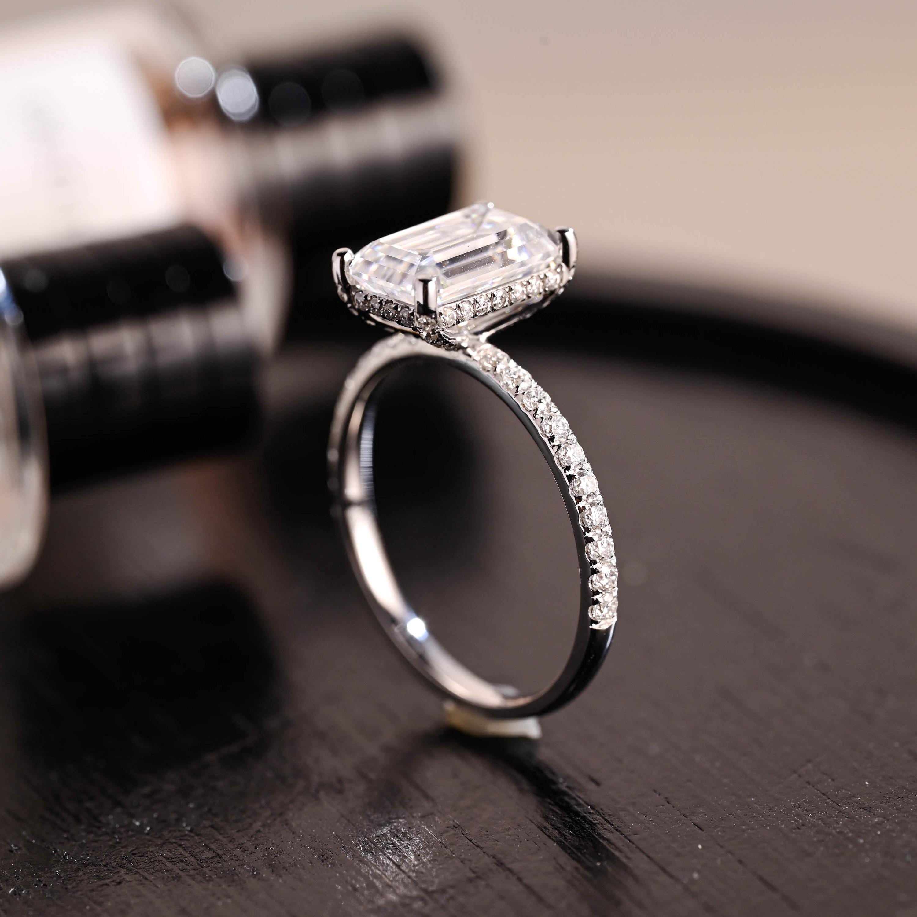 Prong Pave Emerald Cut Moissanite Engagement Ring, Solid Gold Hidden Halo Pave Emerald Cut Moissanite Wedding Ring, Anniversary Ring Gift