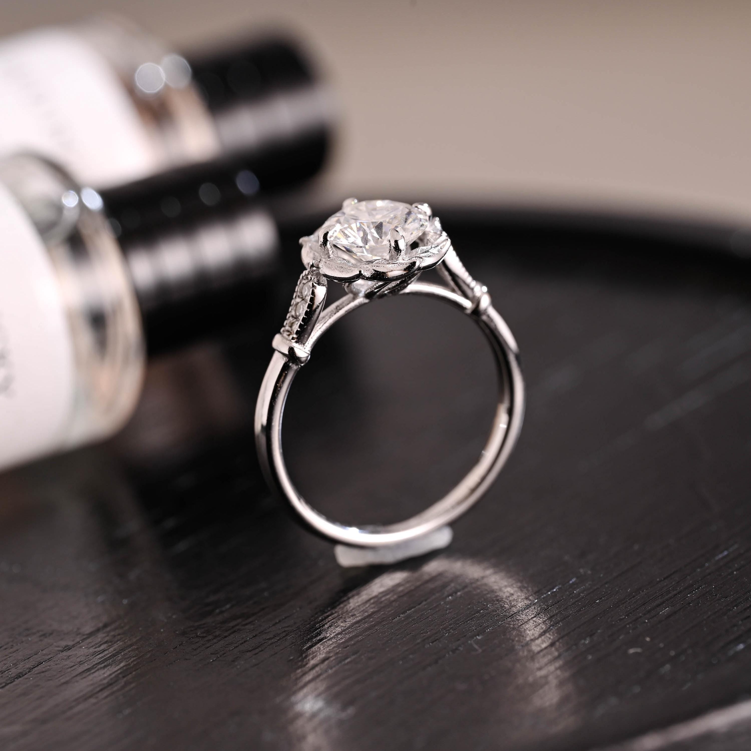 Solid Gold Round Cut Moissanite Engagement Ring, Anniversary Gift Birthday Gift for Women Wife
