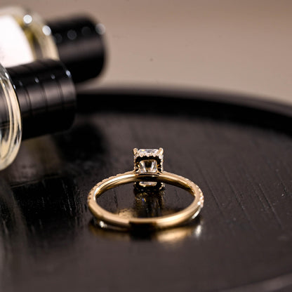Solid Gold Cathedral Setting Radiant Cut Moissanite Engagement Ring, Hidden Halo Pave Wedding Ring