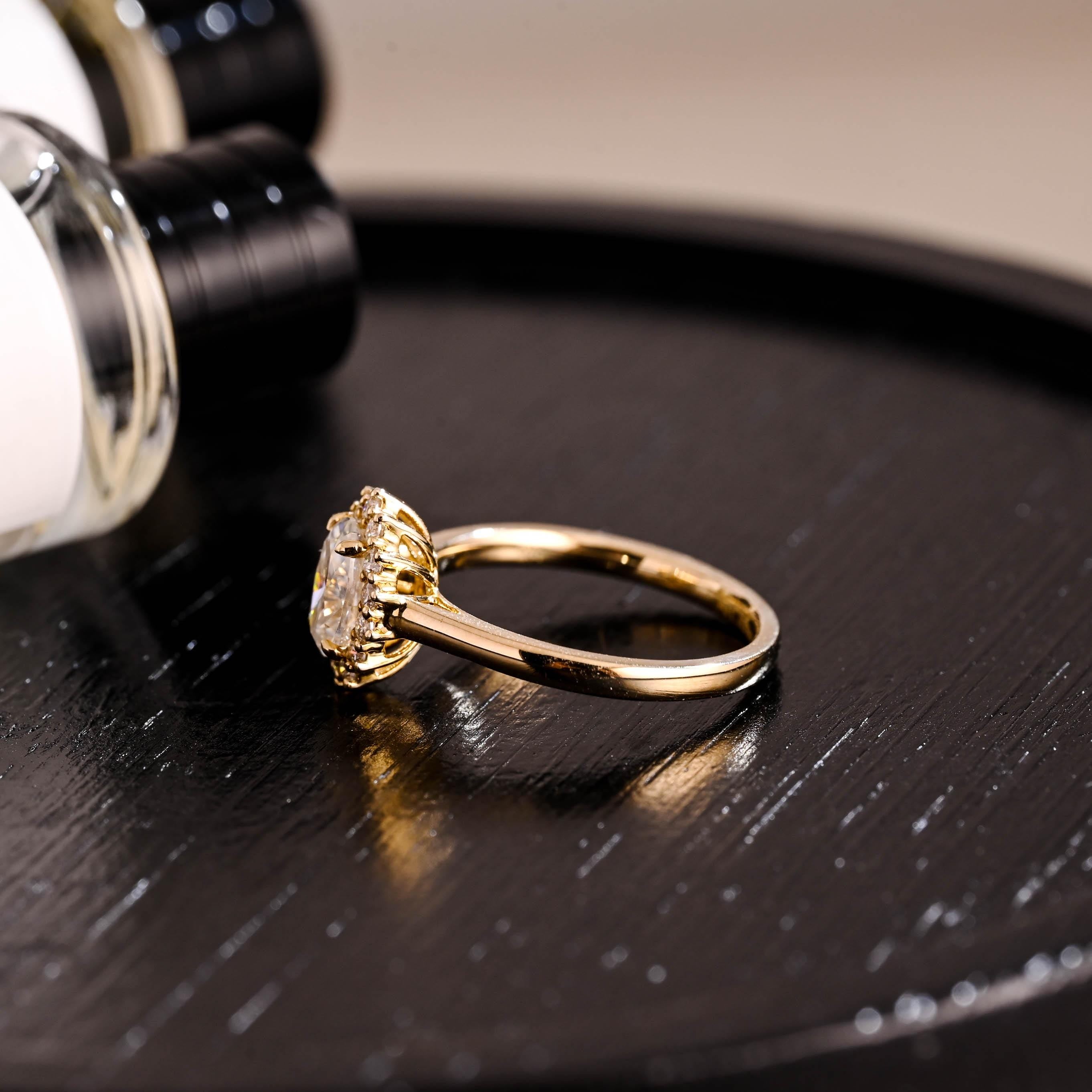 Solid Gold Starburst Oval Cut Moissanite Engagement Ring, Halo Wedding Ring