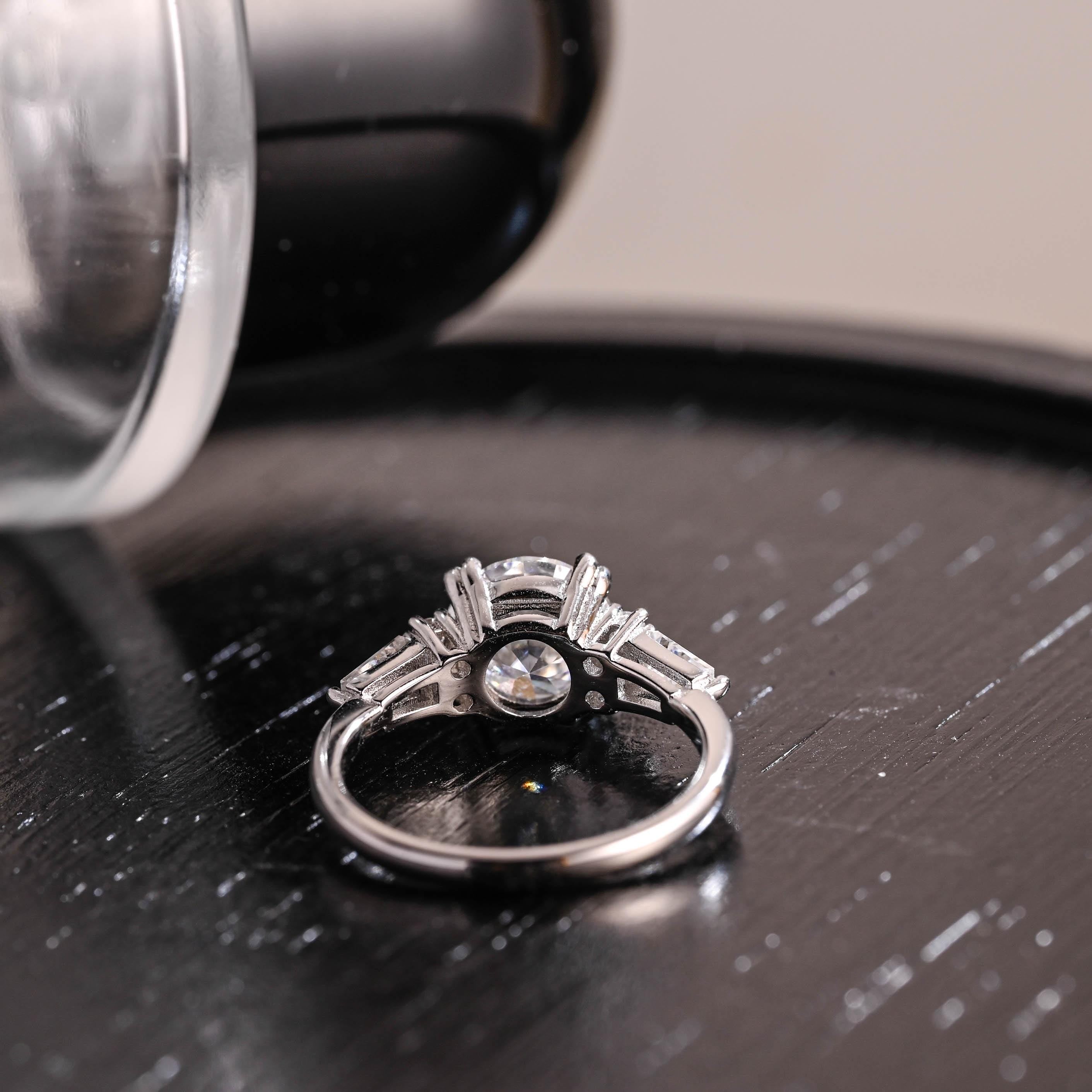 Three Stone Round Cut Moissanite Engagement Ring, Trapezoid Accents Round Cut Double Prongs Wedding Ring