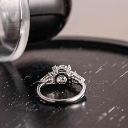 Three Stone Round Cut Moissanite Engagement Ring, Trapezoid Accents Round Cut Double Prongs Wedding Ring