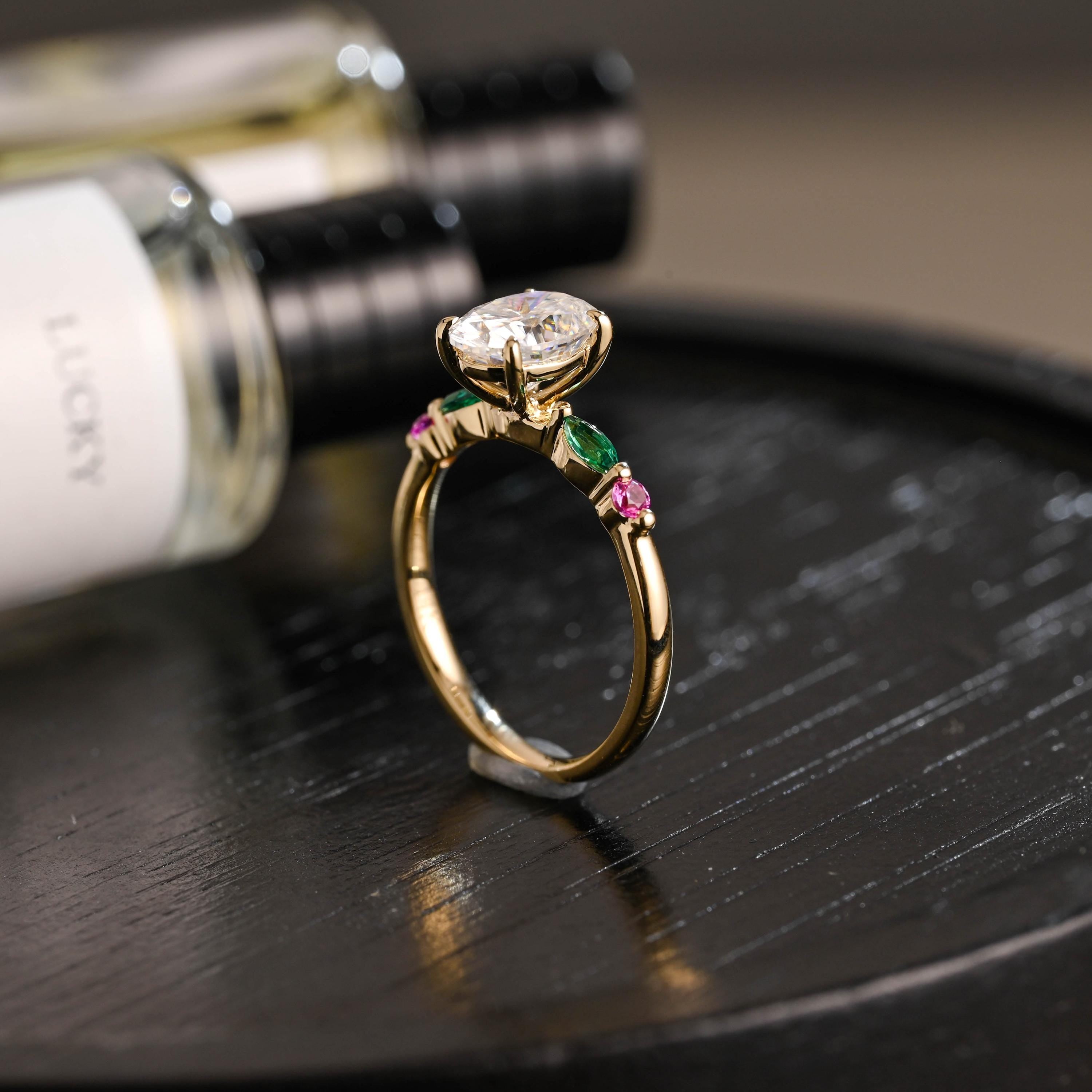 Solid Gold Oval Cut Moissanite Engagement Ring, Anniversary Gift for Women