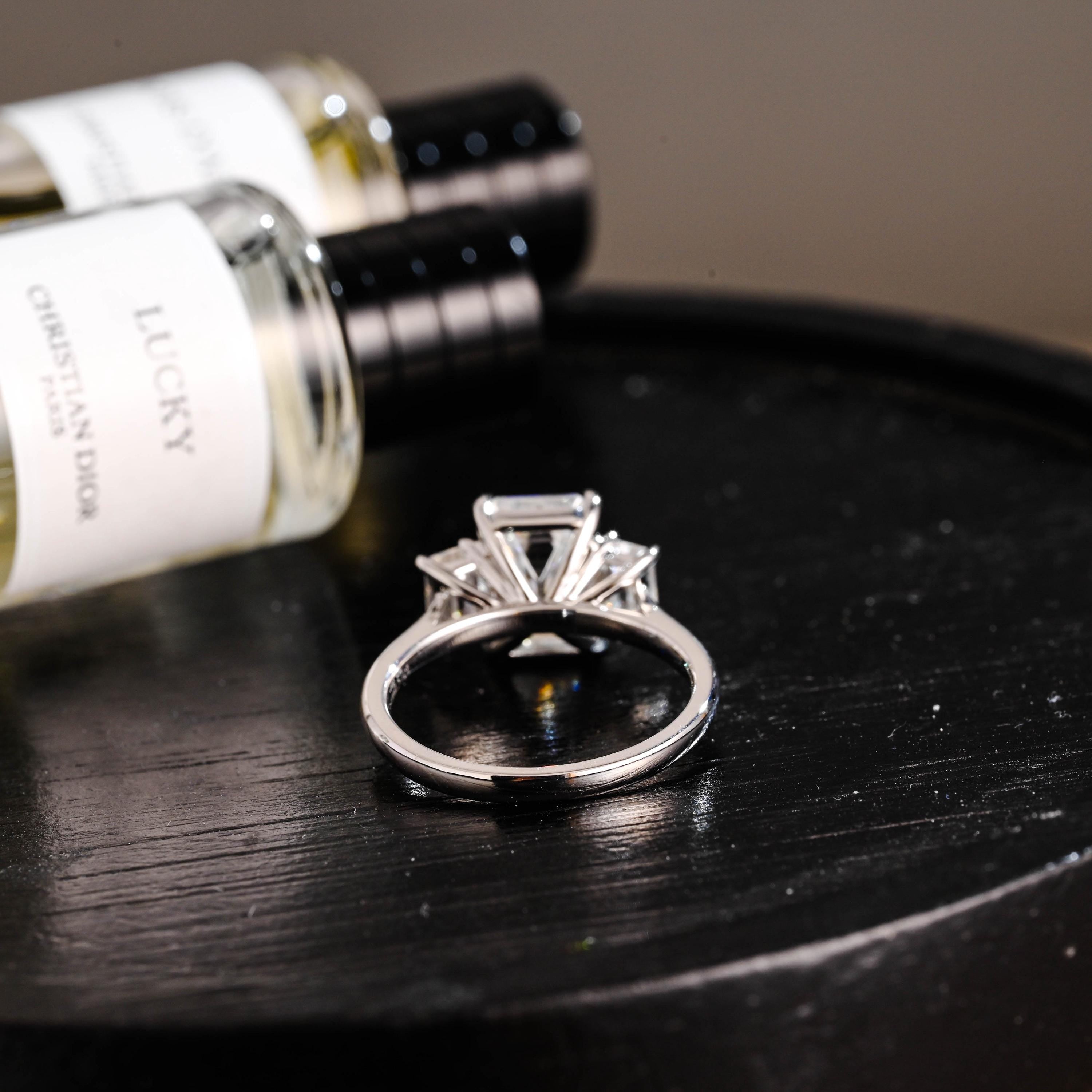Three Stone Emerald Cut Moissanite Engagement Ring, Solid Gold Promise Ring, Gold Proposal Ring, Anniversary Gift Birthday Gift for Women