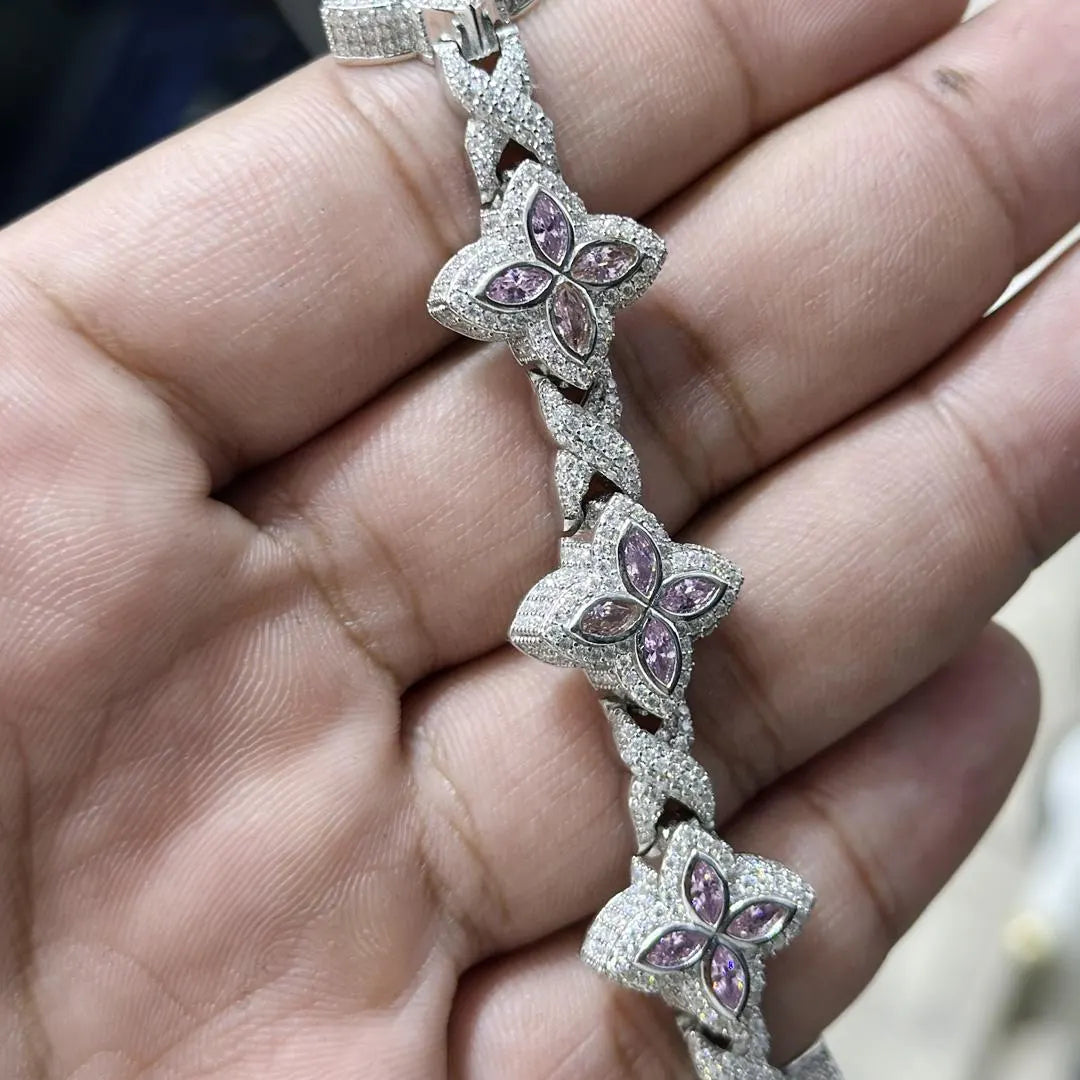 Iced Out Clover Bracelet: VVS Moissanite Diamond, Sterling Silver Link